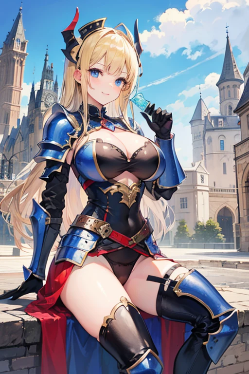 a beauty girl,cabellos largos dorados,blonde with blue eyes,(ssmile),European medieval castles,palaces,Wear gorgeous armor,(black armor),Armor,((Condom in hand)),Shoulder pads,Armour,chest plate,Leg nails,(Royal Knights),(huge tit),(black lence stockings),((Pubic bone)),(Defeat),((Broken armor)),((Damaged clothes)),cleavage,((Petite body)),(Type of elementary school),twogirls,Raped by a woman, helm