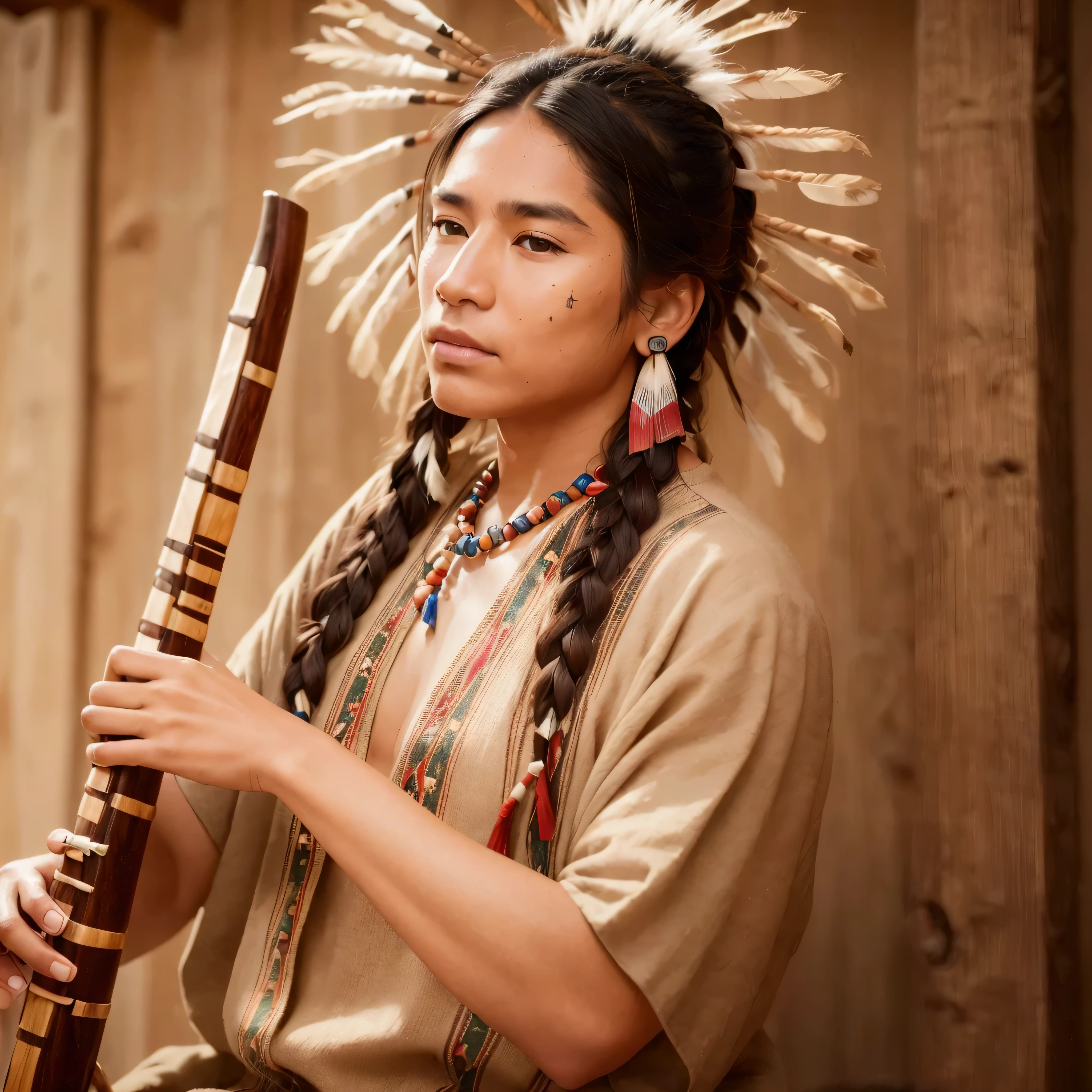 Native American playing a wooden flute, (best quality, 8K, masterpiece:1.2, photorealistic:1.4), beautiful lighting, detailed facial features, intricate traditional clothing, serene natural background, soft and warm colors, mystical atmosphere, mesmerizing musical notes