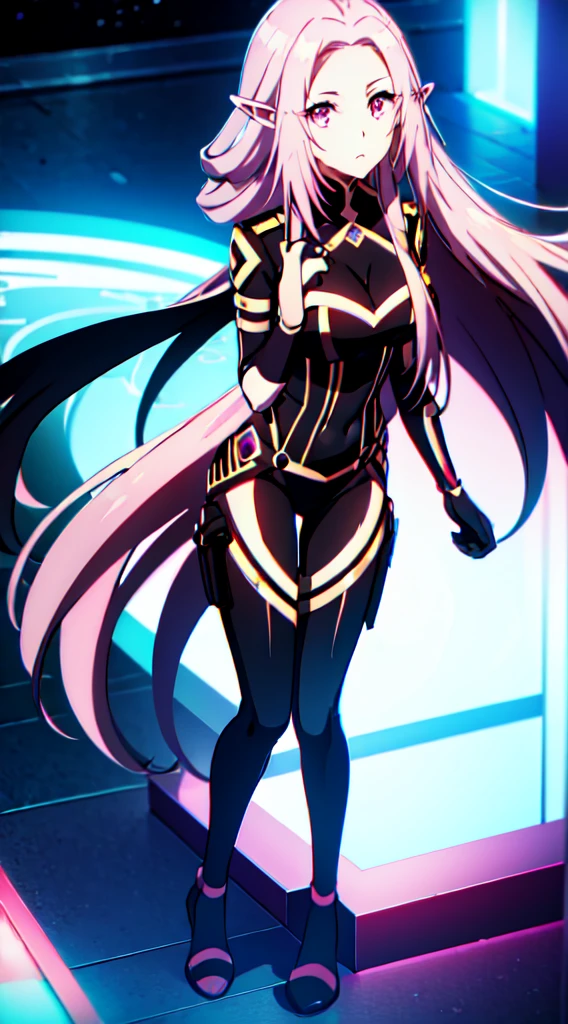 ((original character:1.3)), ((masterpiece:1.4)), ((high quality:1.5)), ((1girl, extremely long hair, pink eyes, elf ears)), black bodysuit, heels, based on eminence in shadow, full body, white hair:1.8))