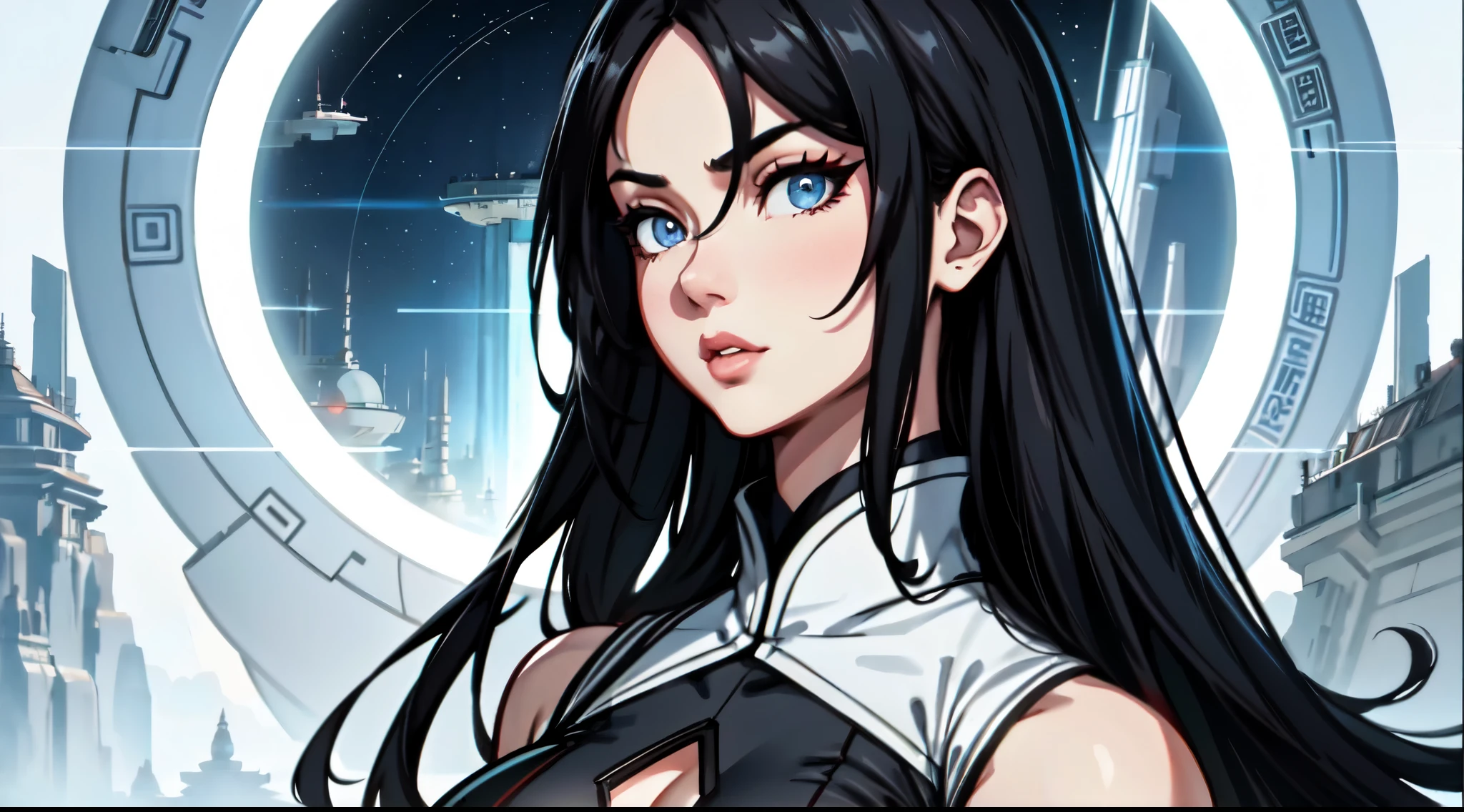 A (Chinese) female, with long dark (black) hair, blue eyes, pale (grey skin), (athletic), tall woman, (alluring fighter), (cute) martial-arts garb, (humanoid) alien, (Sci-fi) fantasy, (close-up shot), perfect composition, hyper-detailed, 8K, high quality, (perfect eyes), trending art, sharp focus, studio photo, intricate details, (Pin-up) pose