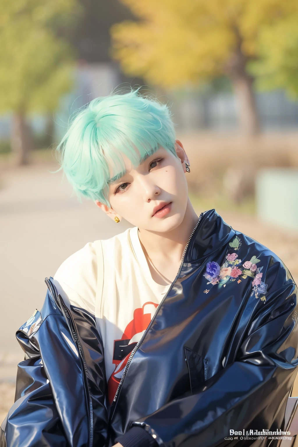 a close up of a person with a cabelos verdes and a jacket, YoongI, yoongi Bts ele tem cabelos grisalhos escuros, inspirado em Yoongi BTS, with teal clothes, with long cabelo turquesa, dez lee, cabelos verdes, Parque Jimin, Hong June Hyung, cabelo turquesa, com cabelos azuis, album photo, inspirado em yoongi BTS