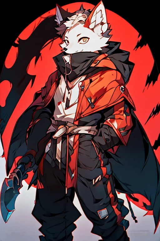 White furred wolf in dark cloak with a large axe in the woods