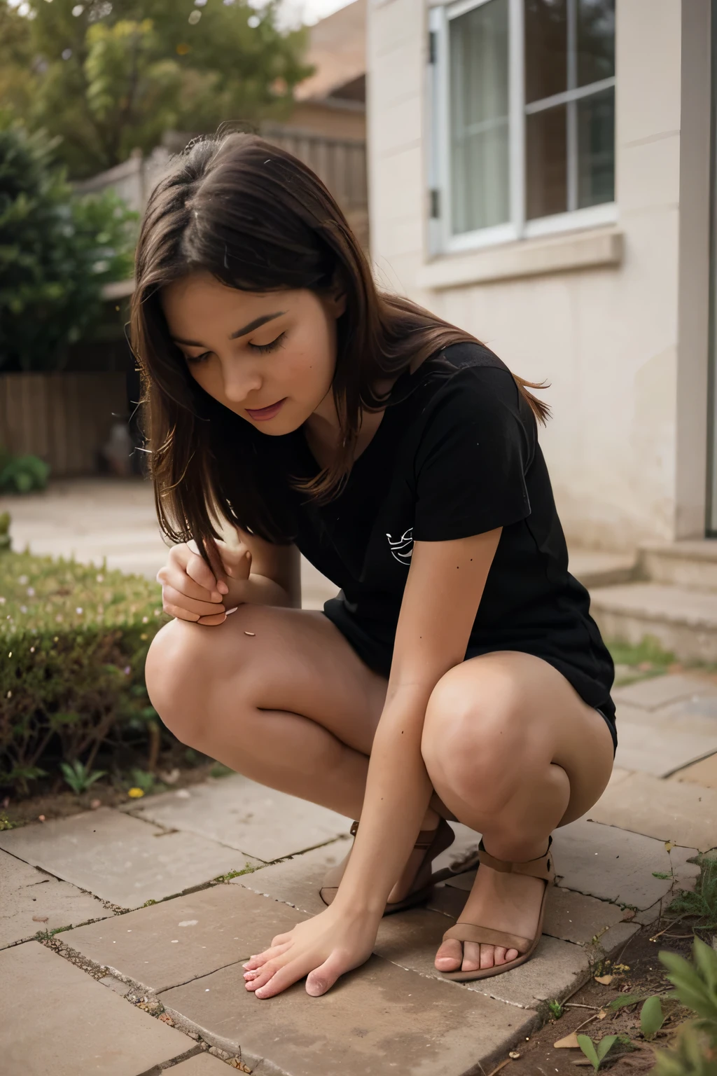 Beautiful  girl squatting,feliz, de cuclillas e inclinada hacia el suelo. Looking at the ground petting a small cat.. imagen realista. (obra maestra) (detallado)