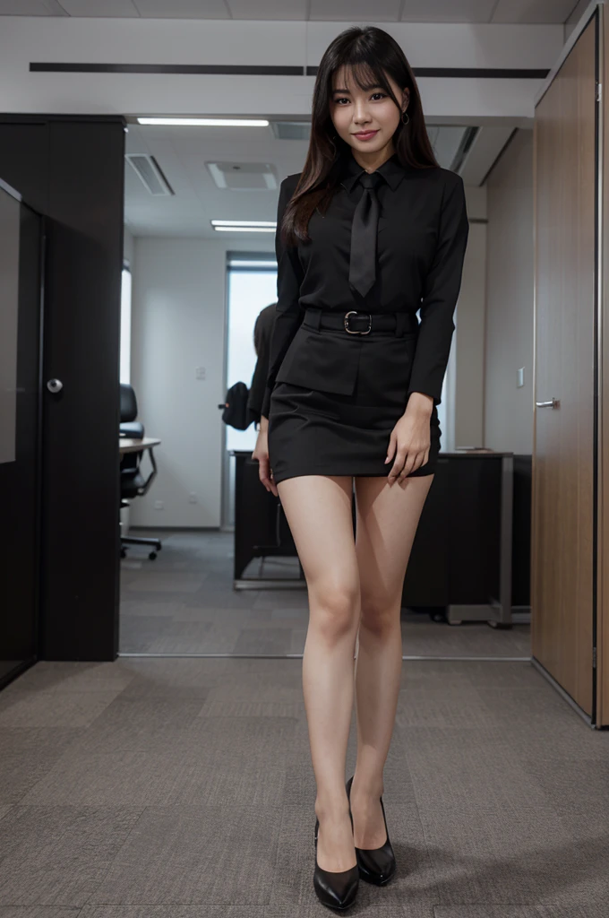 (masterpiece, best quality:1.3), 1girl, nice hands, ???????????, upper body, a full body shot, ????????, 18yo, beautiful ????, blond bun hair, blue eyes, front layers hairstyle, unbutton, black mini skirt, lavender short shirt, university, fair thigh, office, work