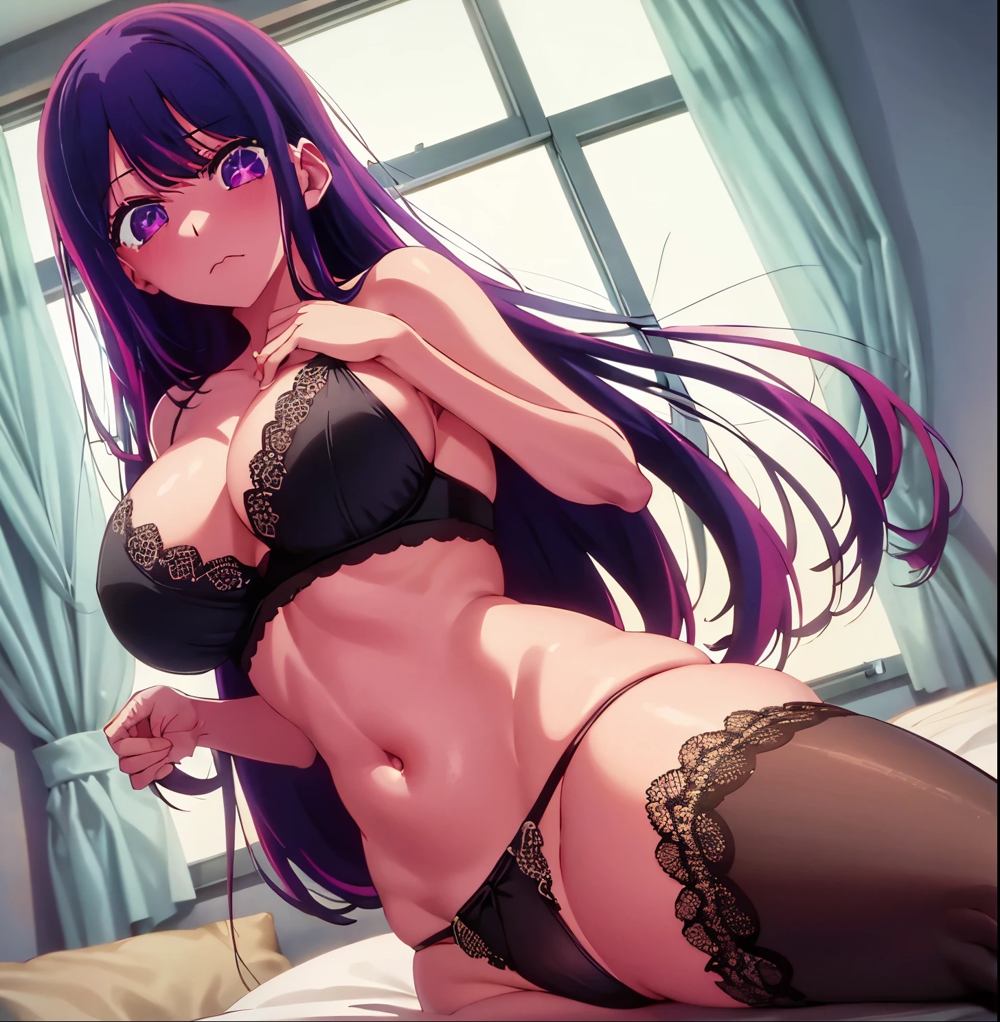 Pov (from below), 1girl, alone, Ai Hoshino, purple hair, medium hair, purple eyes, embarrassed, neutral expression, mouth partially open, seductive, sweaty, room, bedroom, good lighting, night, window with open curtains, bed , sitting, legs open, underwear, purple bra, black lace bra with white floral details, black pantyhose, transparent stockings, showing underwear, purple thong, with black lace, left hand stretching black pantyhose, large breasts, medium waist, medium hips, wide thighs, looking at the viewer, perfect hands, excellent body anatomy