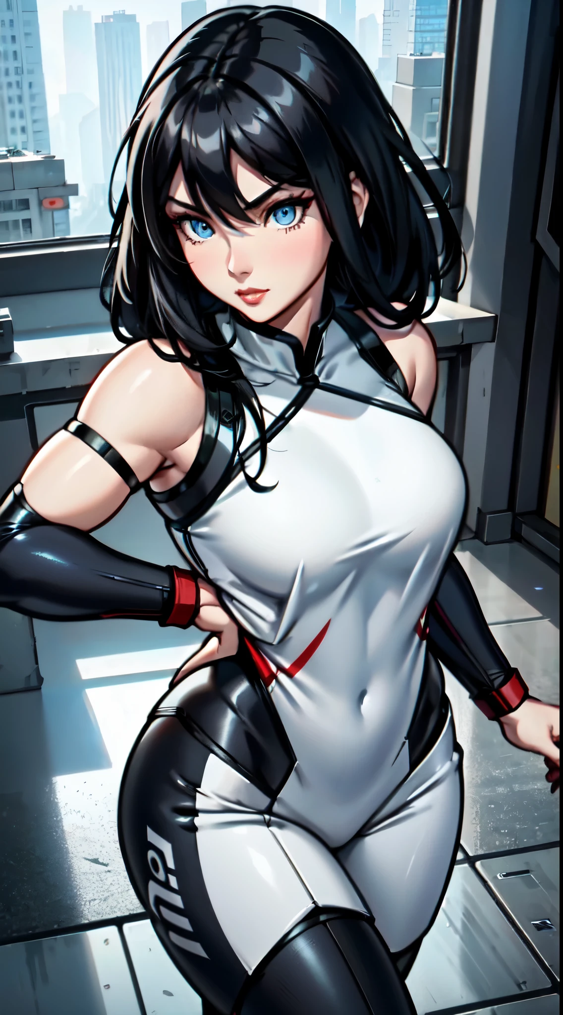 A (Chinese) female, with long dark (black) hair, blue eyes, pale (grey skin), (athletic), tall woman, (alluring fighter), (cute) martial-arts garb, (humanoid) alien, (Sci-fi) fantasy, (medium shot), perfect composition, hyper-detailed, 8K, high quality, (perfect eyes), trending art, sharp focus, studio photo, intricate details, (Pin-up) pose