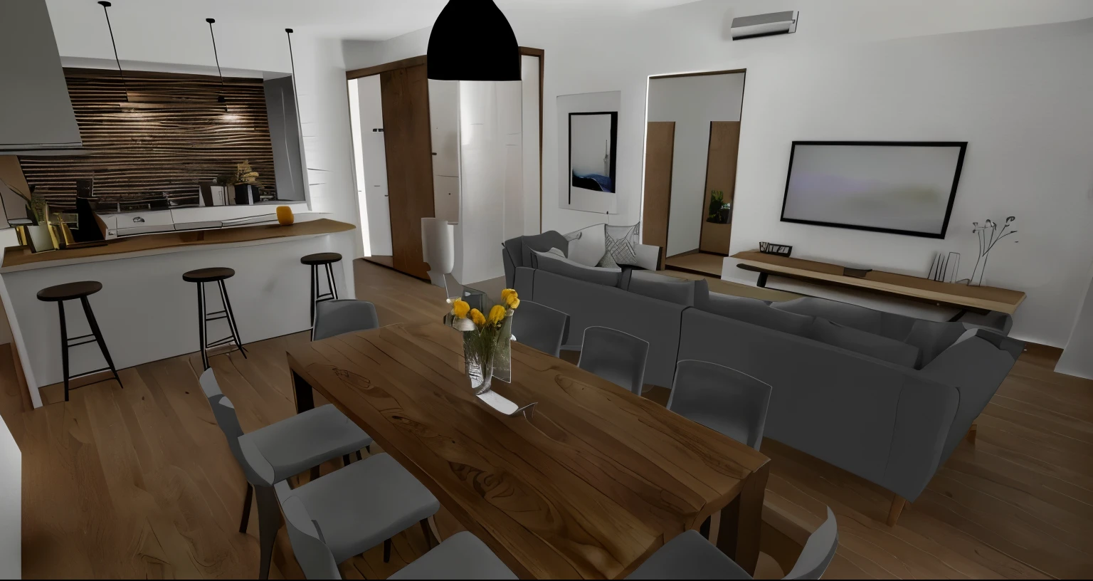 there is a dining table with a flower vase on top, a grey sofa facing a big tv, there is a white kitchen with wooden countertop, hanging minimalist lights,