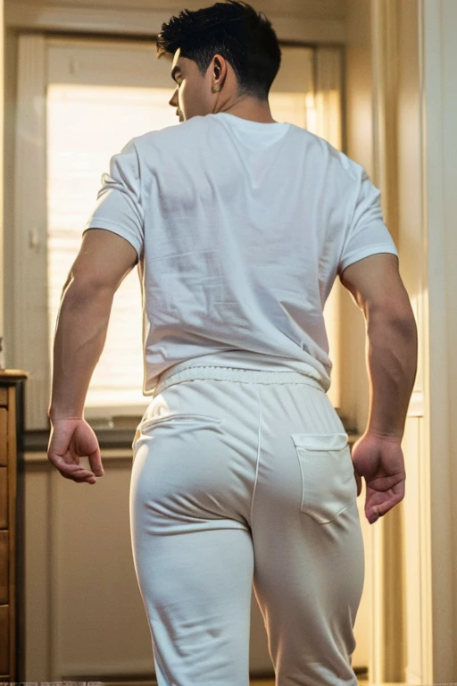 (8K、top-quality、​masterpiece:1.2)、(realisitic、Photorealsitic:1.37)、ultra-detailliert、High resolution、1boy, White skin, ((tee-back pants)) ,((white tight T-shirt)), Wild, ass focus , bubble butt , big fat butt ,  fat buttock , big booty