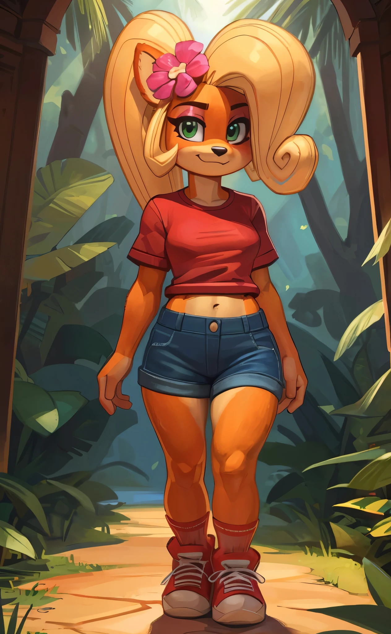 [originaltawna], [Uploaded to e621.net; (Pixelsketcher), (wamudraws)], ((masterpiece)), ((HD)), ((solo portrait)), ((waist-up)), ((front view)), ((furry; anthro)), ((detailed fur)), ((detailed shading)), ((beautiful render art)), ((intricate details)), {anthro; orange fur, black nose, (cute green eyes), (short eyelashes), (red eyeshadow), (long blonde curly hair), (curvy hips), (beautiful legs), (smug smirk)}, {(red tee shirt), (navel), (tight denim shorts)}, {(standing), (hand on hip), (looking at viewer)}, [background; (tropical forest), (beaten pathway), (blue sky), (sun rays)]