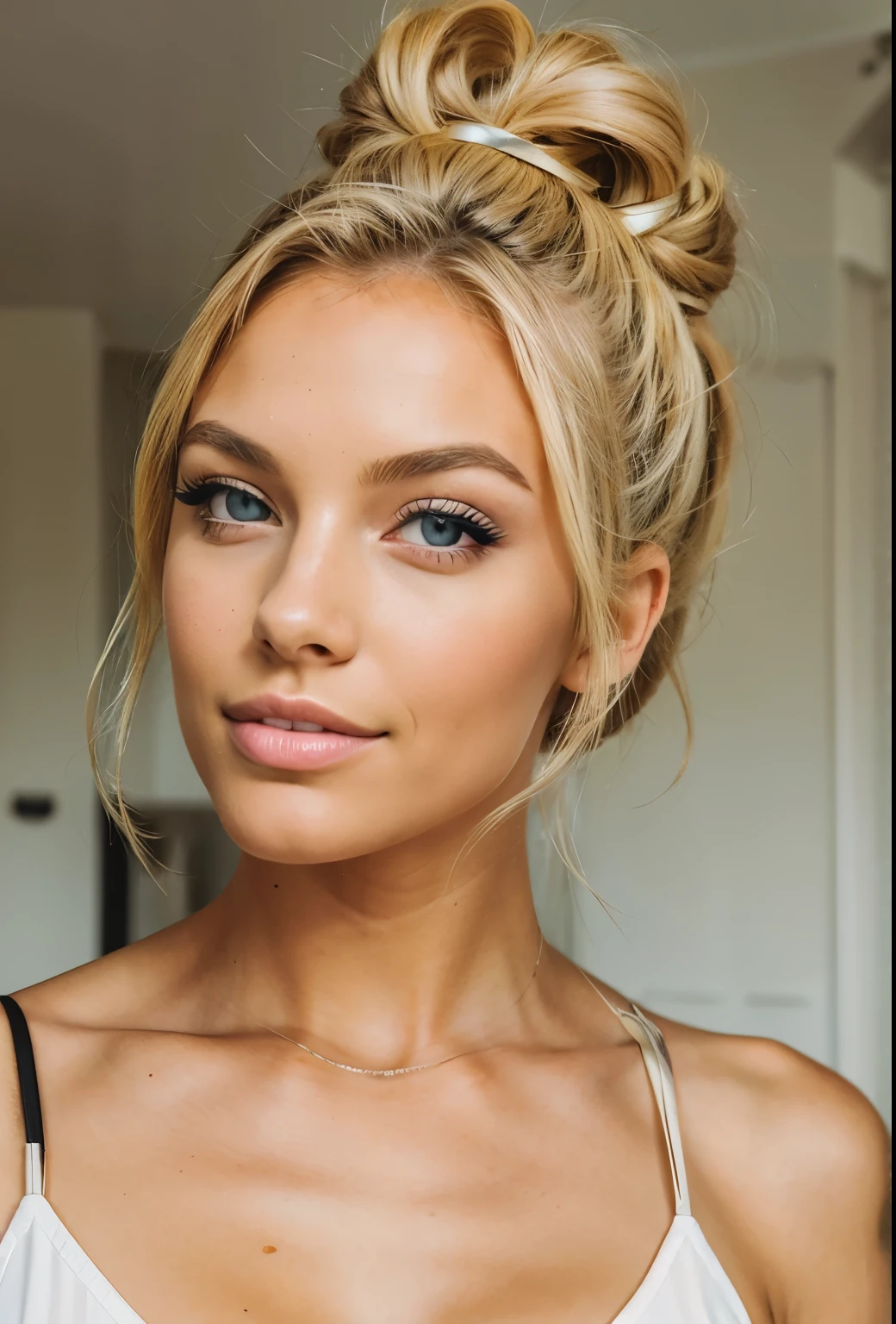 Blonde model with a bun posing