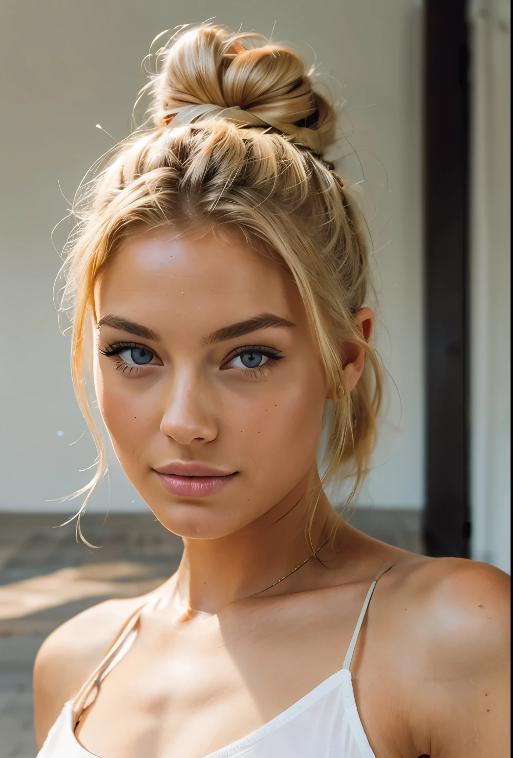 Blonde model with a bun posing