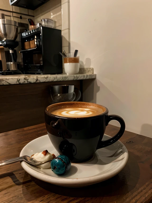 black cup, white table, no background, in the cup there is espresso with a hear shaped cream on top, logo style