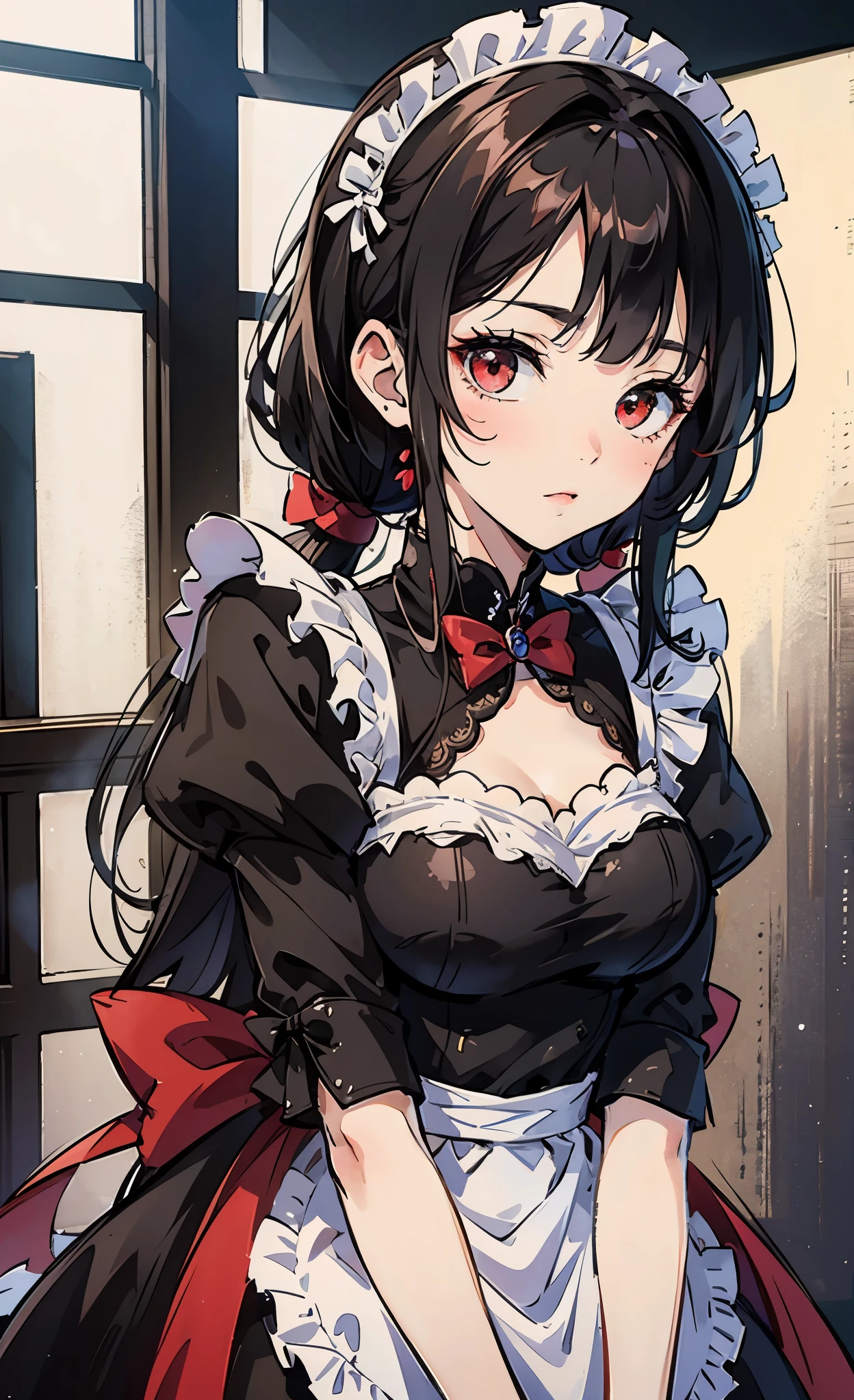 Anime woman with black hair, red highlights, red eyes, wearing a maid outfit, cafe background. --auto --s2
