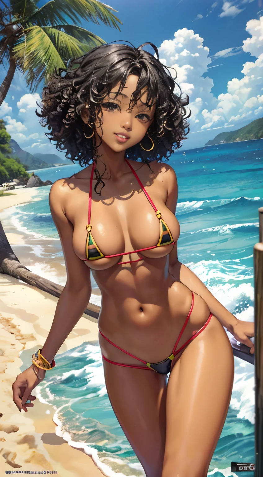 (best quality,high-res,masterpiece:1.2),Japanese anime style,sunny day,paradisiac beach,(beautiful,detailed:1.1) black african young woman, (long,detailed,curly:1.1) black power afro hair, micro multi-green bikini, (sexy,revealing) bikini, (vibrant,bright) red lips, (expressive,charming) brown eyes, medium breasts, (hourglass,shapely) perfect body, shows butt up, (soft,silky,radiant) skin, (sparkling,shimmering) water, (golden,warm,bright) sunlight, (gentle,breezy) sea breeze, (relaxing,peaceful) atmosphere, (sand,yellow) beach, (lush,tropical) palm trees, (colorful,tropical) flowers, (joyful,happy) vibe, (energetic,lively) atmosphere, (captivating,stunning) beauty, (playful,fun-loving) expression