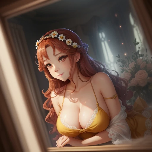 True anime Princess Daisy, against glass, 36C breast, long red hair, shy smile, dark red lips, dark eyeshadows, dark eyeliners, streching yellow dress -imagine --auto --s2