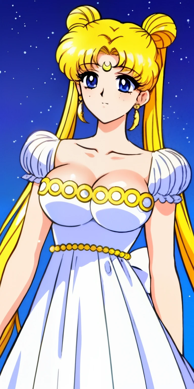 SMU Sagitsukino, 큰pectorals, Standing, Solo, Masterpiece, Best Quality, Detailed face, Detailed Eyes, high resolucion, Masterpiece, Best Quality, Detailed face, Detailed Eyes, high resolucion, Princess costume,tranquility,프린세스tranquility,네오퀸tranquility,pectorals,Big,거대한pectorals,풍만한pectorals.a blond,Dumpling head,왕pectorals,breast,forehead crescent moon,젖pectorals,흘러넘치는pectorals,voluptuousness,The dress,crescent moon on forehead,90s Animation,The dress끈없음,Serenity,SerenityThe dress