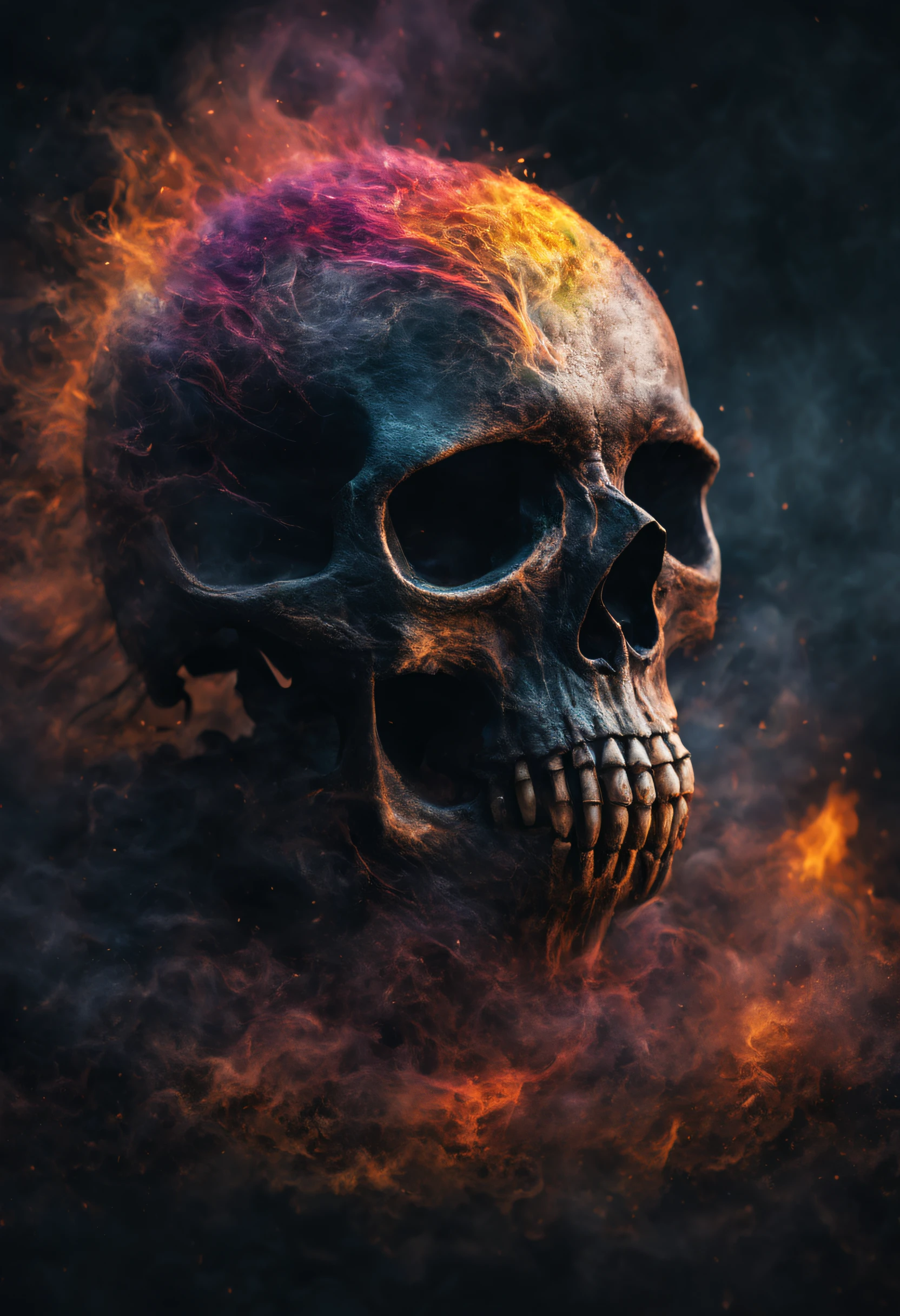 A realy beautiful, realistic and magestic darkness fired skull with a coat made of a magnificent colored and fire wind storm, It's textured and beautiful with lot of multicolored flying dust and wather droped