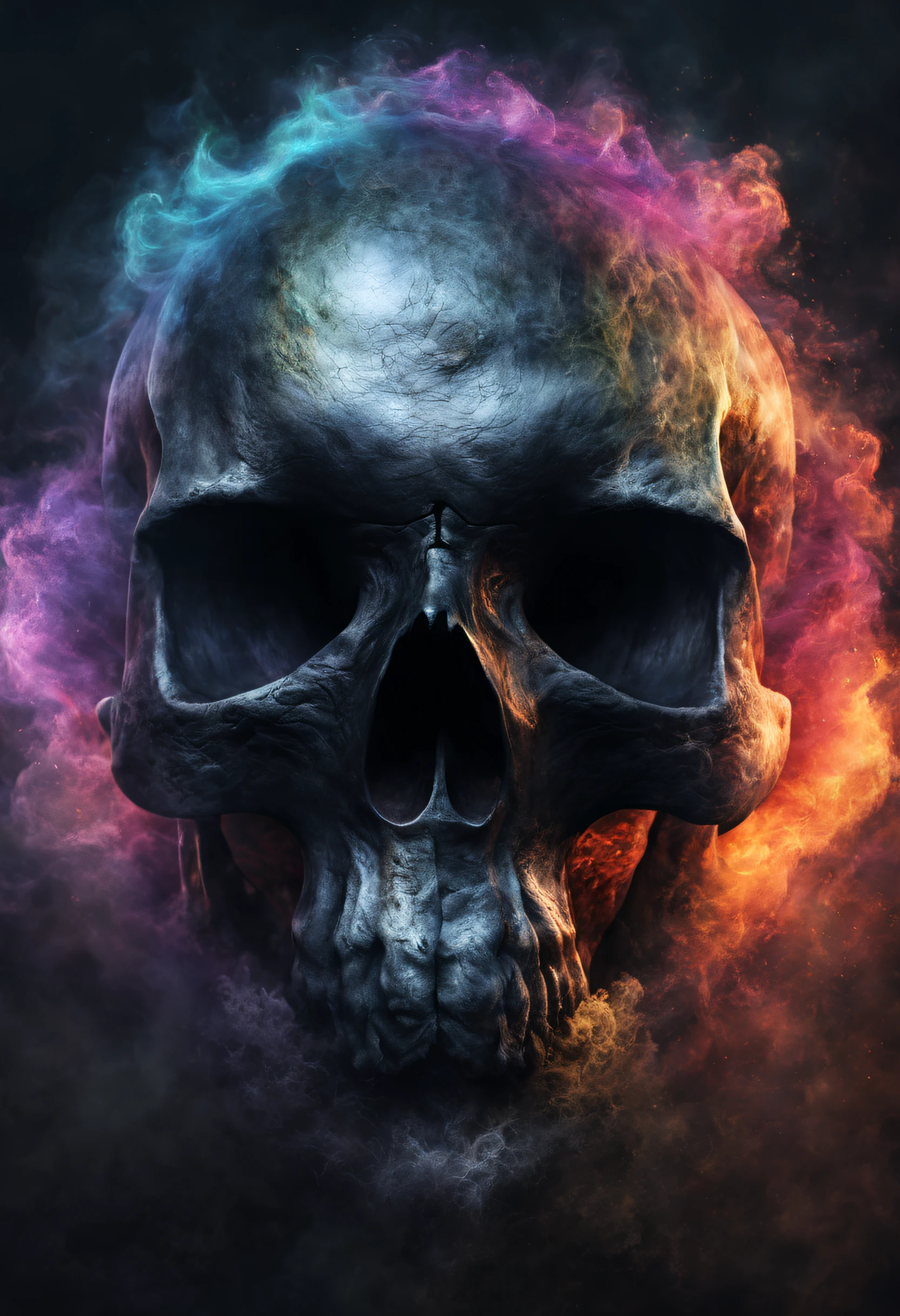 A realy beautiful, realistic and magestic darkness fired skull with a coat made of a magnificent colored and fire wind storm, It's textured and beautiful with lot of multicolored flying dust and wather droped