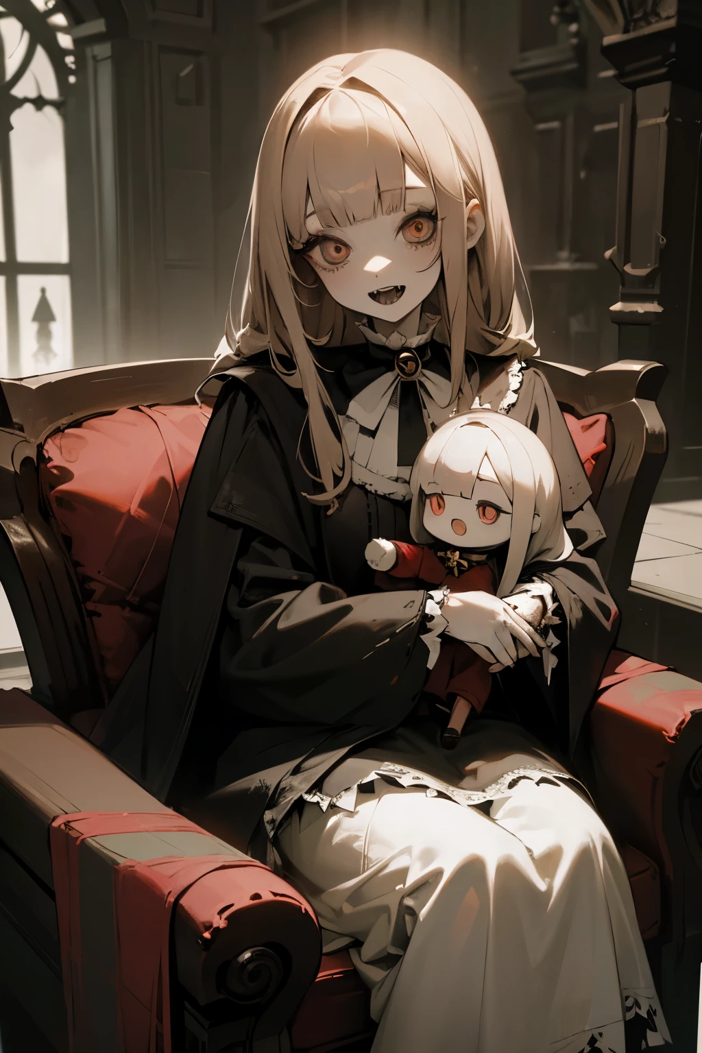 ((Masterpiece)), 1girl, cute little girl, ((Christmas Theme)), blunt bangs, feminine, pale brown hair, silky straight hair, muted colors, monochrome, pale skin, ((makeup goth)), cute, night, (sitting on the Christmas chair), (Wearing a cute Santa's Coat), ((Dusty)), (Gothic room), indoors, Hair over eyes, (bell), scenery, (cracked skin), glowing, fractured skin, antique doll style, dark white, (hollow eyes), (sharp teeth, open mouth wide), ruins, (Gothic horror Theme)