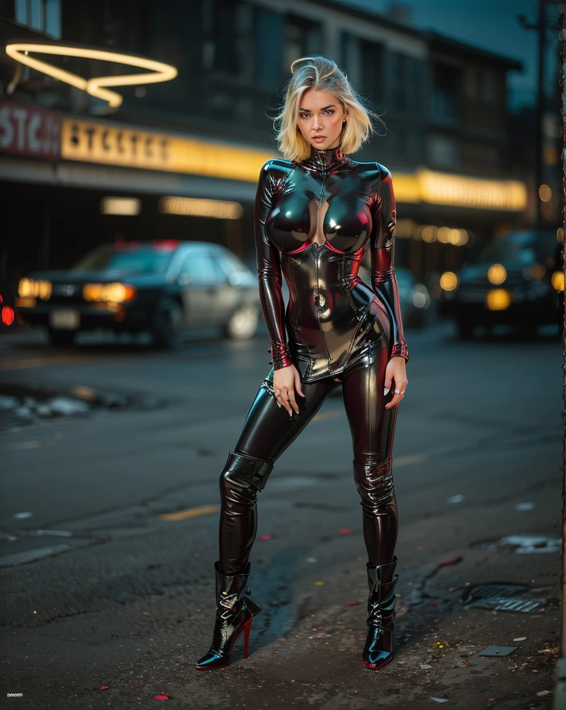 analogue photo of young blonde woman, (((big boobs))), ((((red latex full body suit)))), abs, supermodel, in black environment, (model pose 1.5), sexual, agressive, upper body, femdom, (((yellow neon lights))), masterpiece, chiaroscuro, eye level, Kodak Funsaver, Porta 160, 50mm, bokeh, in the style of Nan Goldin, textured, distressed, vintage, edgy, punk rock vibe, dirty, noisy