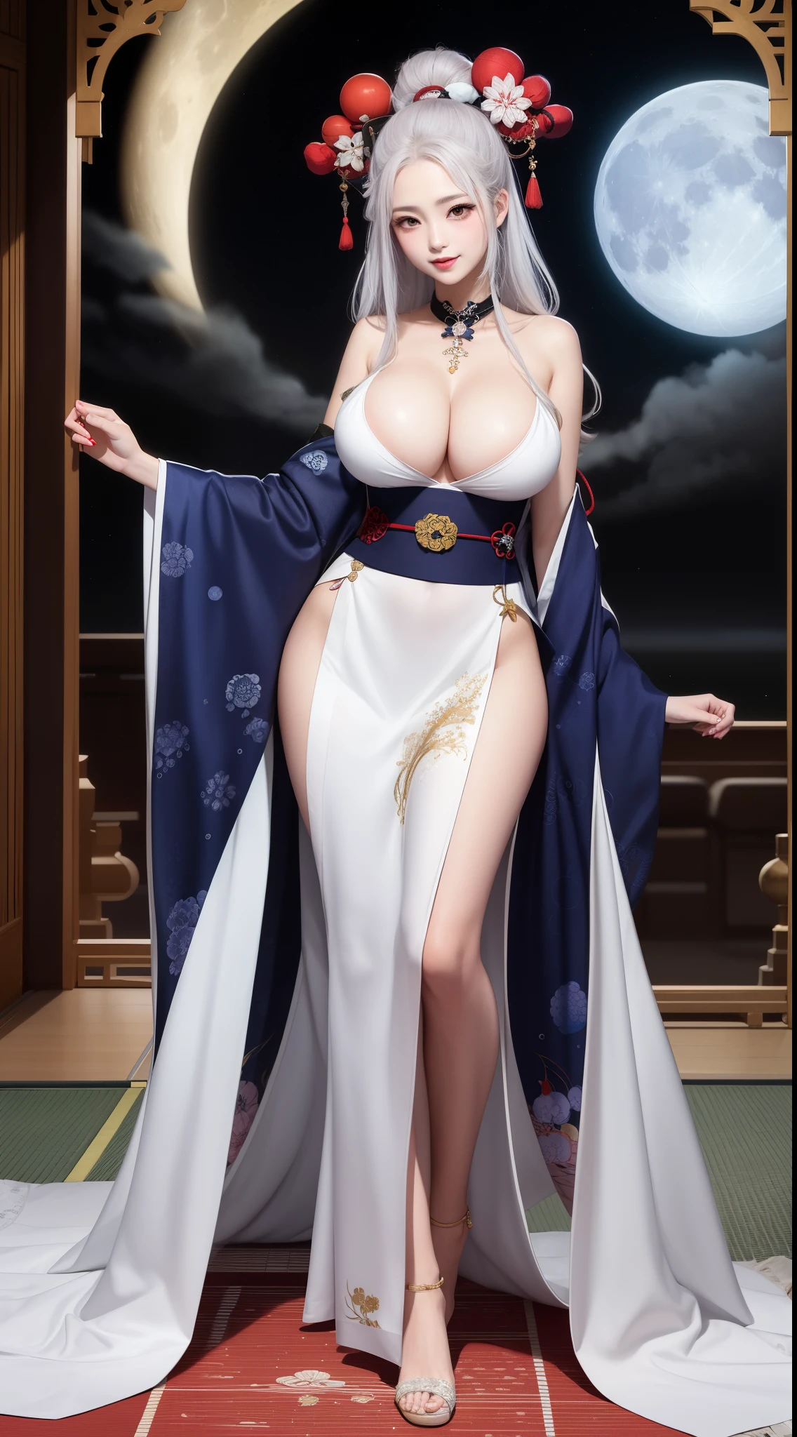 Tsukuyomi, ancient shinto goddess of the moon, long silver hair, long ornate midnight blue and white kimono, (in ukiyo-e style:1.3), large moon background, (full body portrait), ethereal, mysterious, eerie, divine, godly, powerful, breathtaking, masterpiece, artful, delicate, soul, complex background, gorgeous, extremely intricate details, smile, big breasts, (yoshitaka amano), (hokusai),