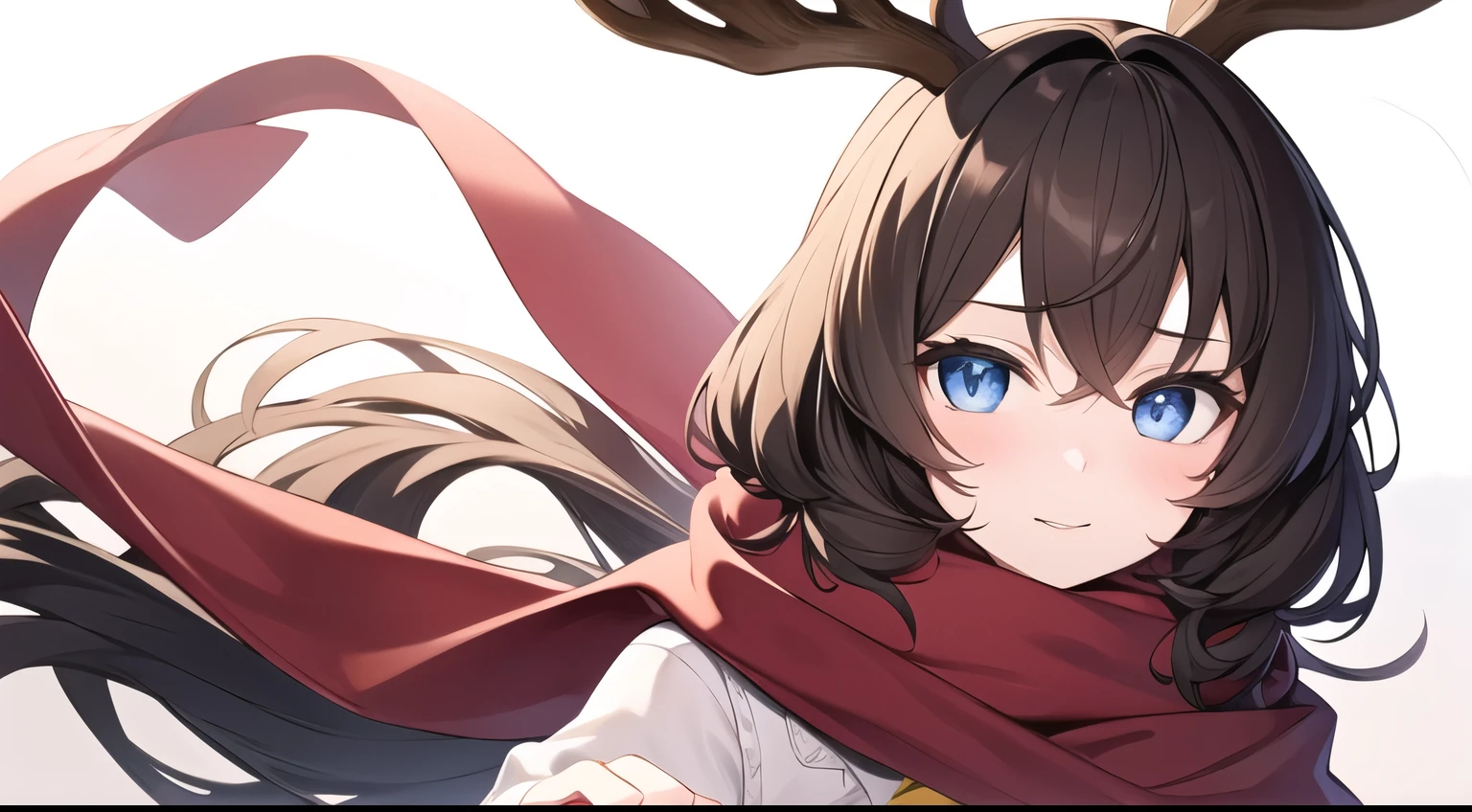 A brown-haired,With very small antlers,girl wearing red scarf,With blue clear eyes,Petite