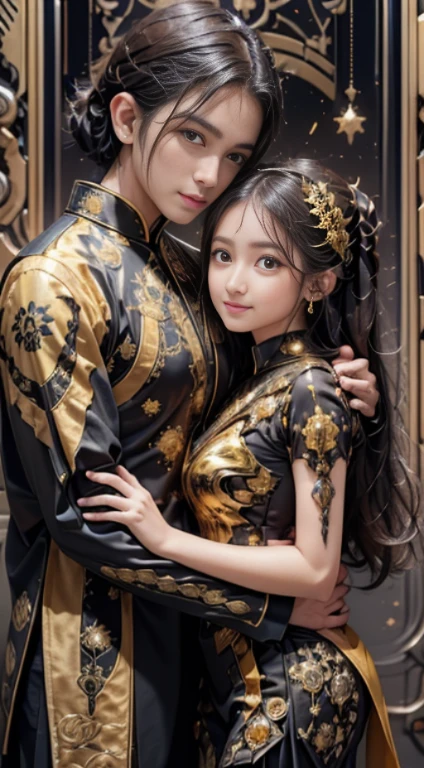 Handsome man Raden arm embracing pretty girl Ranti, realistic, brown eyes, Black hair, javanese traditional dress, gold batik