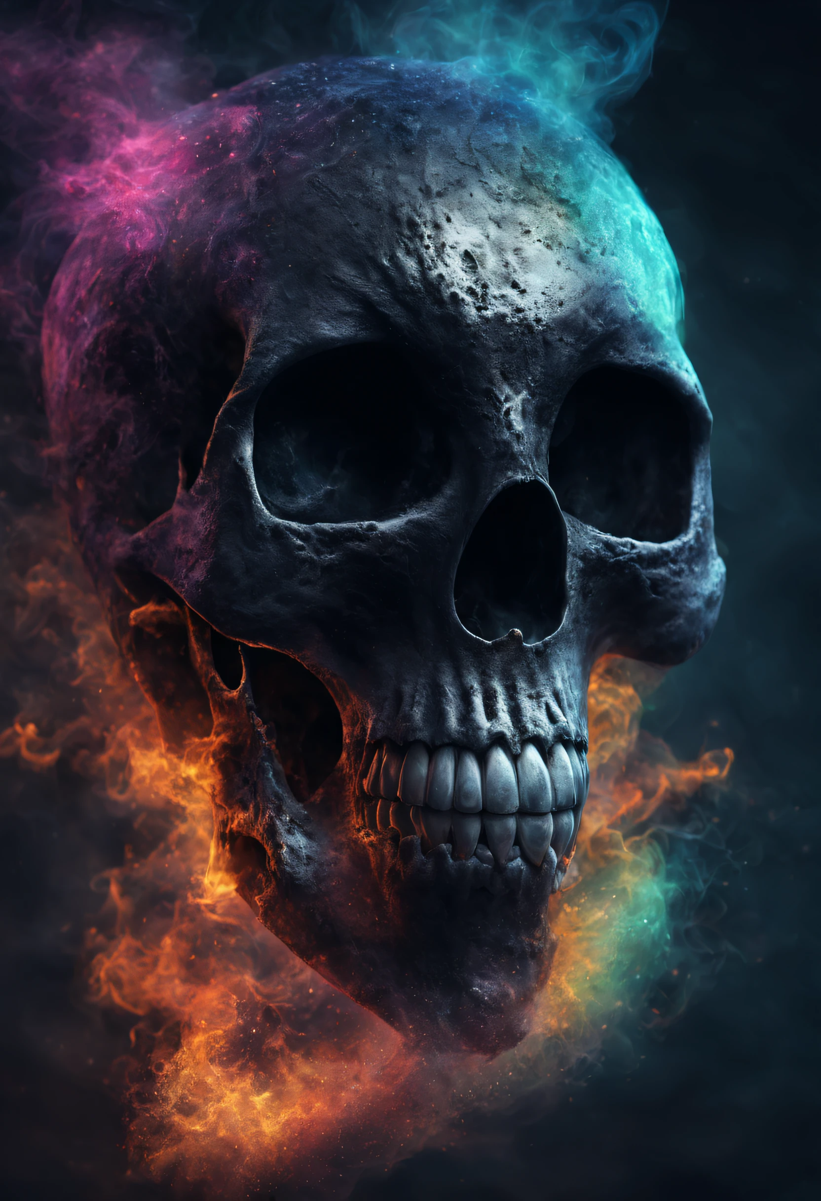 A realy beautiful, realistic and magestic darkness christmas skull with a coat made of a magnificent colored and fire wind storm, It's textured and beautiful with lot of multicolored flying dust and wather droped