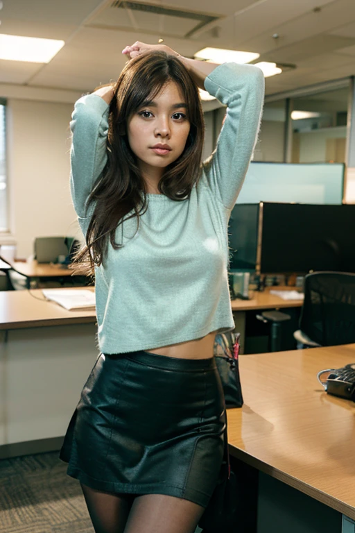 (A girl in the office, looking at viewer), (bokeh:1.1), leaving her office, her office desk is well arranged, successful company, parted lips, expressionless, realistic, arm up, tights, skirt, skyline, realistic