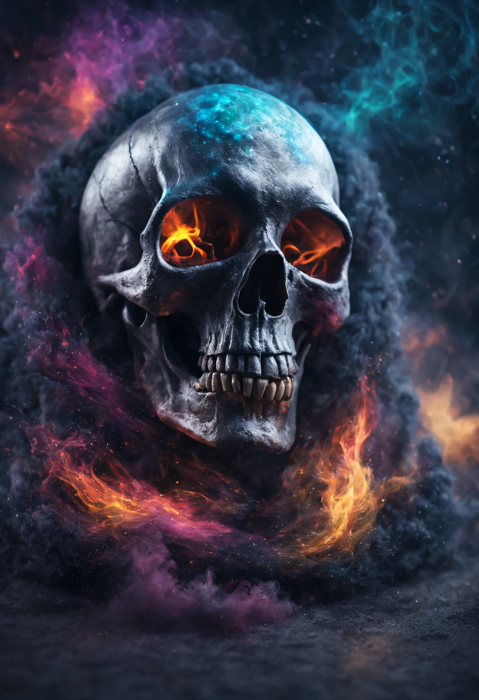 A realy beautiful, realistic and magestic darkness christmas skull with a coat made of a magnificent colored and fire wind storm, It's textured and beautiful with lot of multicolored flying dust and wather droped