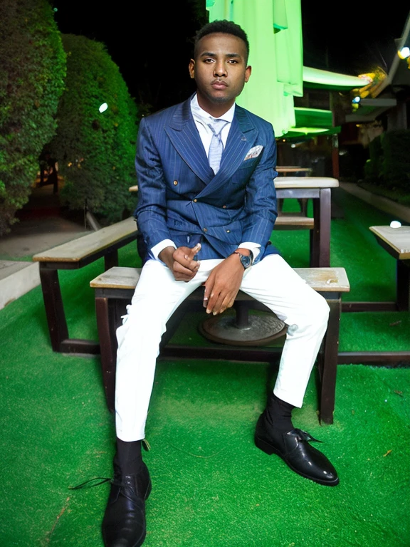 there is a man sitting on a bench in a suit and tie, vestindo um terno masculino colorido, vestindo terno branco, vestindo um terno masculino elegante, com uma pose cool, vestindo terno branco futurista, vestindo um terno listrado, em estilo de davey adesida, vestindo terno de moda, corpo inteiro!! Detalhes maximalistas, vestindo um terno azul claro, bolo'