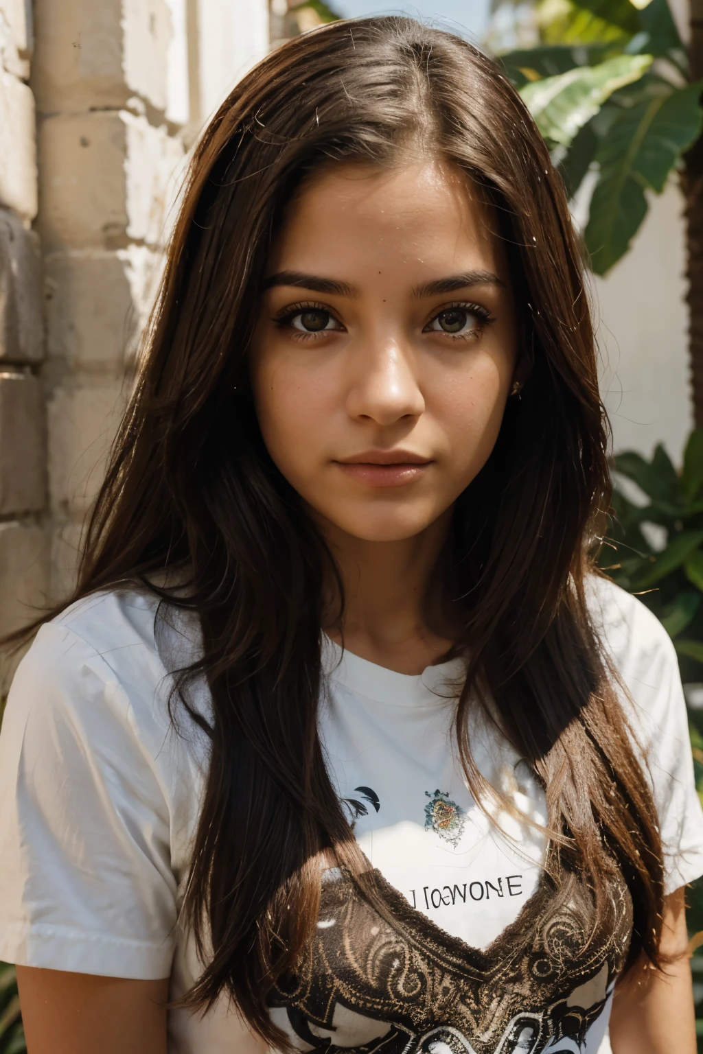 A photorealistic portrait of a 21-year-old latina  girl with long, flowing dark hair and striking dark eyes. She should have a natural, approachable expression and be illuminated by soft, golden-hour sunlight. The background should be a scenic outdoor setting, perhaps a sunlit park or beach. Capture this image with a high-resolution photograph using an 85mm lens for a flattering perspective.