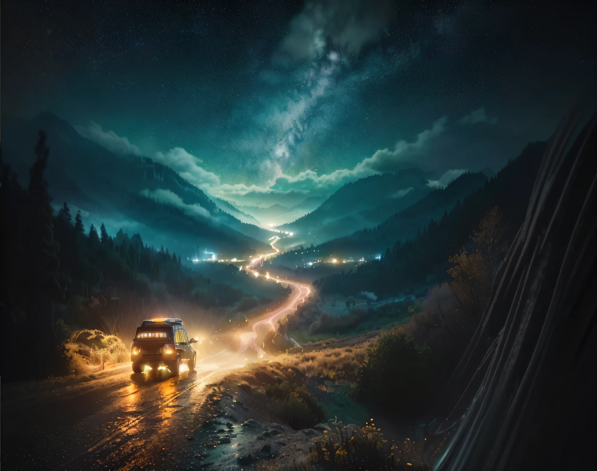 imagen de un auto en medio de una ruta, en medio del campo, Mountains, oscuro, Lloviendo, de noche, esta Lloviendo, realista.  ((Extremely detailed 8K illustration)), fondo muy detallado y hermoso), Pintura ultra detallada, professional illustration, Ultra-precise depiction, Ultra-detailed depiction, (beautiful and aesthetic:1.2), HDR, (Profundidad de campo:1.4), De color, vivid, beautiful detailed glowing light particles, intrincado:1.4