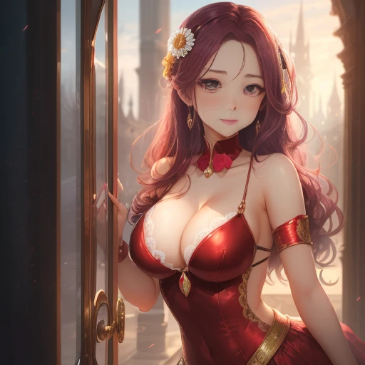 True anime Princess Daisy, against glass, 36C breast, long red hair, shy smile, dark red lips, dark eyeshadows, dark eyeliners, perfect eyesstreching yellow dress  -imagine --auto --s2