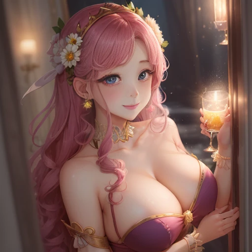 True anime Princess Daisy, against glass, 36C breast, long red hair, shy smile, dark red lips, dark eyeshadows, dark eyeliners, perfect eyesstreching yellow dress  -imagine --auto --s2