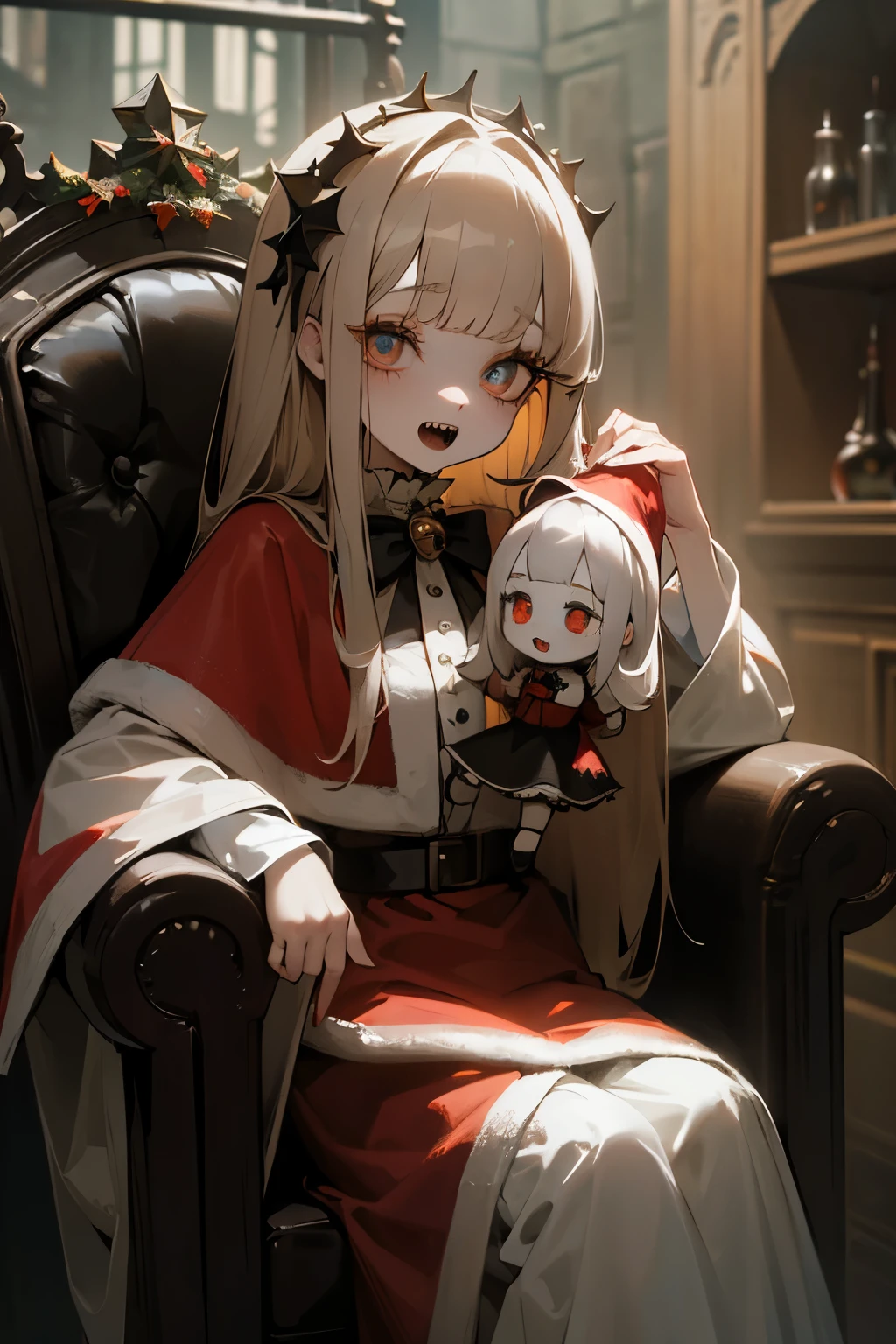 ((Masterpiece)), 1girl, cute little girl, ((Christmas Theme)), blunt bangs, feminine, pale brown hair, silky straight hair, muted colors, pale skin, ((makeup goth)), cute, night, (sitting on the Christmas chair), (Wearing a cute Santa costume), ((Dusty)), (Gothic room), indoors, Hair over eyes, (bell), scenery, (cracked skin), glowing, fractured skin, antique doll style, dark white, (hollow eyes), (sharp teeth, open mouth wide), ruins, (Gothic horror Theme)