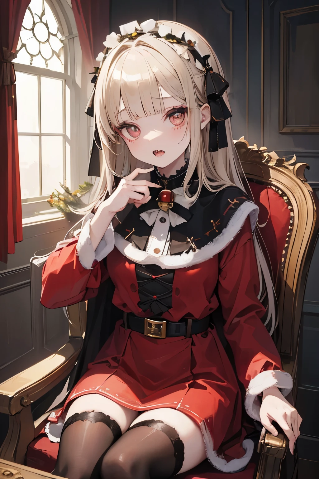 ((Masterpiece)), 1girl, cute little girl, ((Christmas Theme)), blunt bangs, feminine, pale brown hair, silky straight hair, muted colors, pale skin, ((makeup goth)), cute, night, (sitting on the Christmas chair), (Wearing a cute Santa costume), ((Dusty)), (Gothic room), indoors, Hair over eyes, (bell), scenery, (cracked skin), glowing, fractured skin, antique doll style, dark white, (hollow eyes), (sharp teeth, open mouth wide), ruins, (Gothic horror Theme)