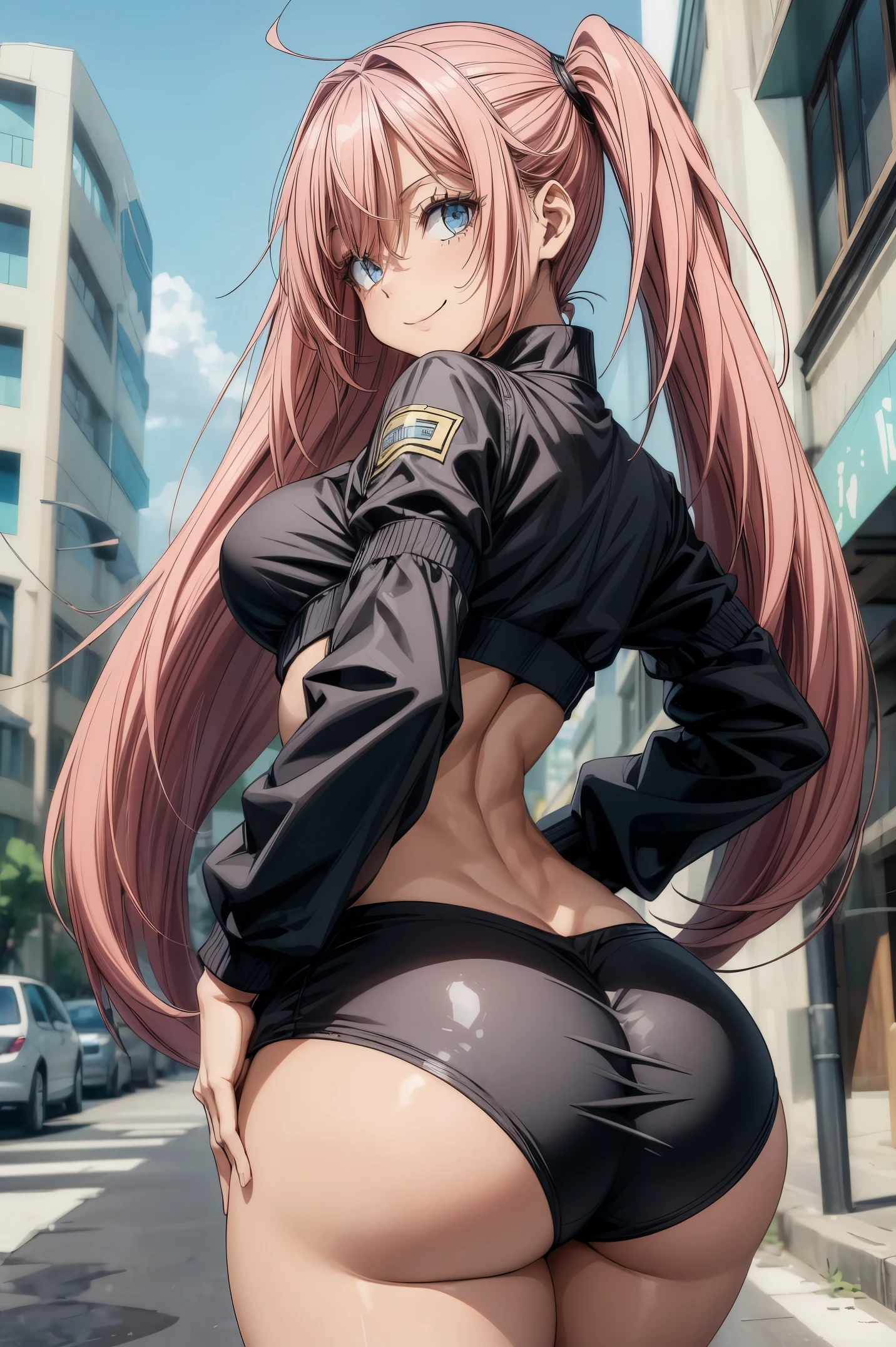 (((Peitos grandes))) (((huge ass))) linda e fofa senhora, wearing only mini bra and black mini skirt, cabelo rosa, ,arimha chiquinha, sorridente, na rua, (magro), (fino grosso), (cintura pequena), (bunda nua), 8k, pernas gossa musculosa, barriga musculosa, sorriso, sexy
