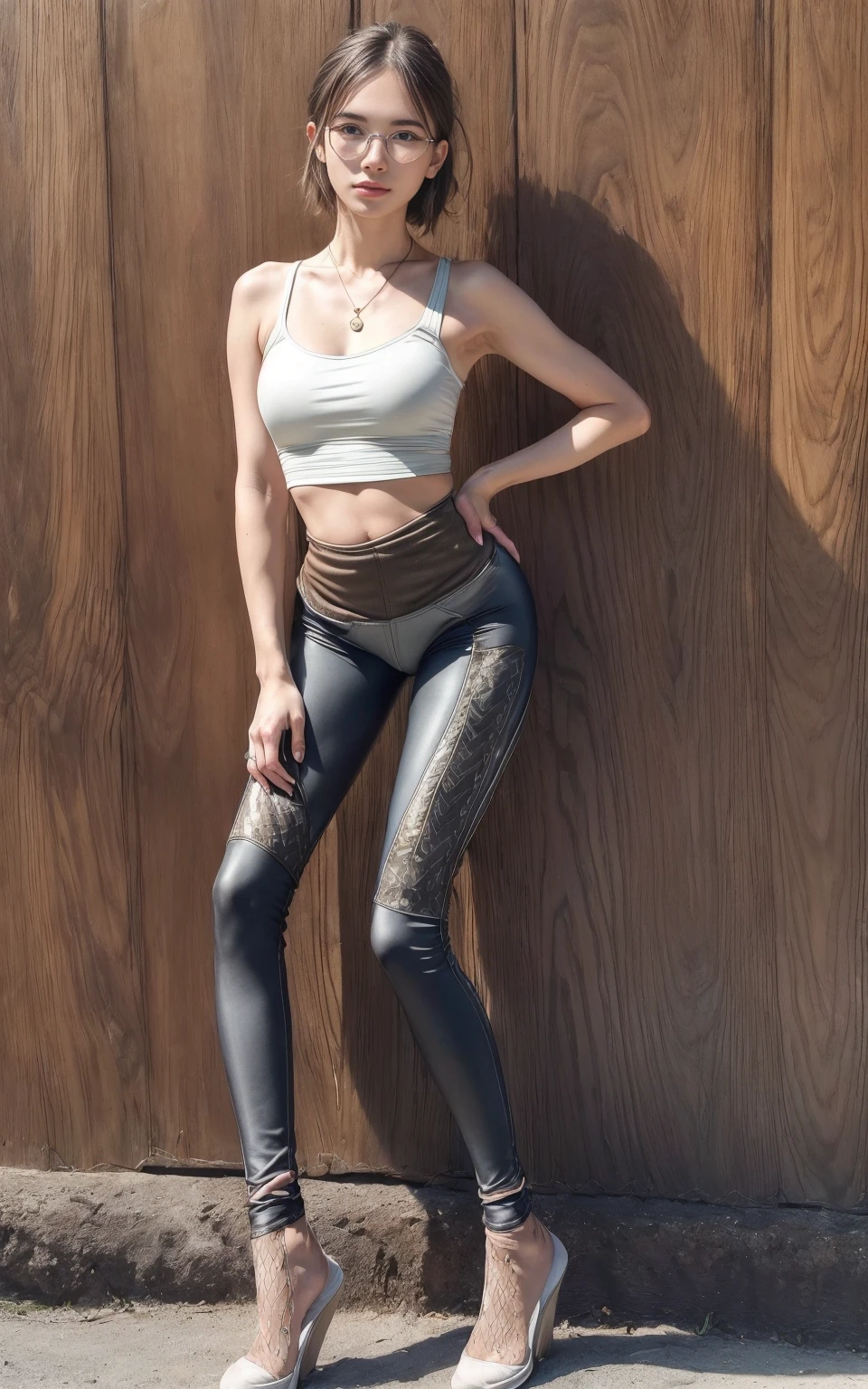 (8K, Masterpiece, RAW photo, Best quality, detail:1.3), (ultra realistic Natural background, scenary:1.5), Depth of field, Cinematic light, (ultra realistic face), (1 picture of 1 solo girl Airim Jones:1.6), 1girl, (Beautiful and elegant Russian girl), (skinny girl with glasses), (European face:1.3), (perfect complete full body:1.5), (small necklace, collarbone:1.1), ( [bangs|pigtails|bob|pixie] hair:1.5), (ultra detailed skin:1.4), (sexy outfit:1.6), (Paneled Leggings:1.6), (perfect standing pose:1.5), (perfect long legs:1.4)
