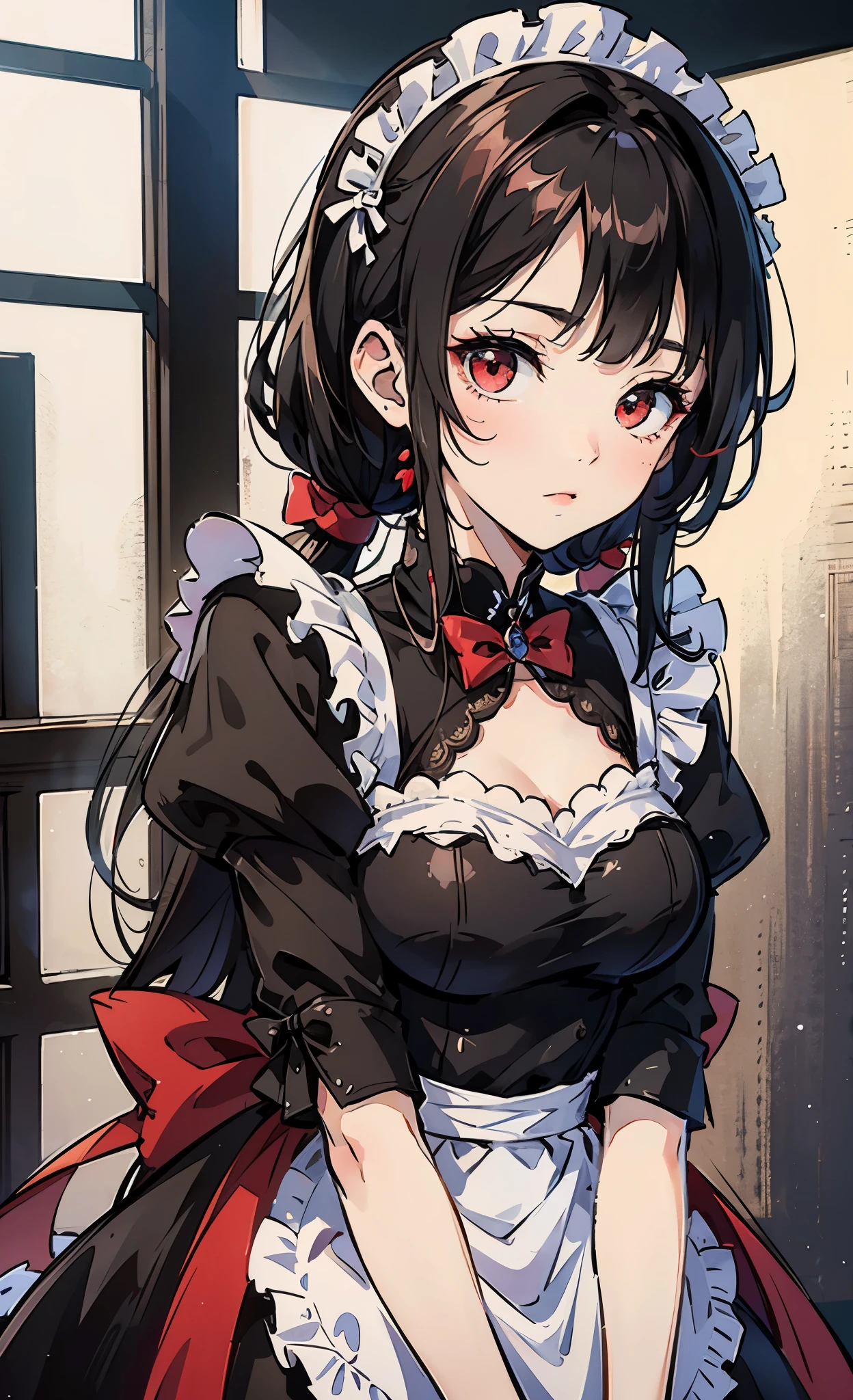 Anime woman with black hair, red highlights, red eyes, wearing a maid outfit, cafe background. --auto --s2