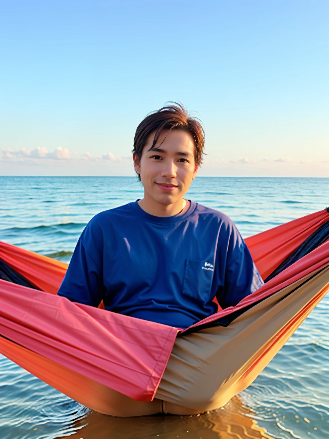 there is a man sitting in a hammock in the water