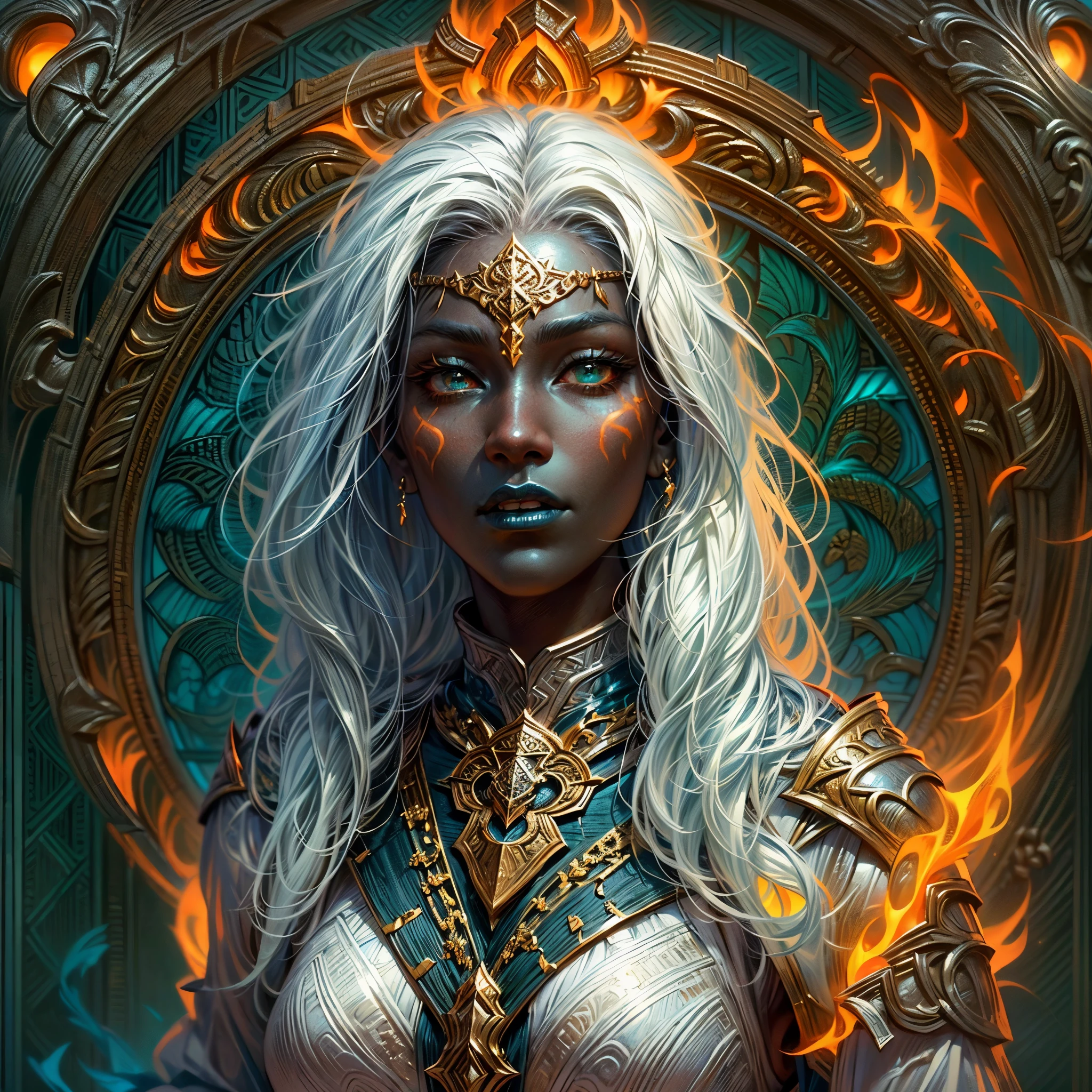 fantasy art, dnd art, RPG art, wide shot, (masterpiece: 1.4) portrait, intense details, highly detailed, photorealistic, best quality, highres, portrait a vedalken female (fantasy art, Masterpiece, best quality: 1.3) ((dark blue skin: 1.5)), intense details facial details, exquisite beauty, (fantasy art, Masterpiece, best quality) cleric, (blue colored skin: 1.5) 1person blue_skin, dark blue skinned female, (white hair: 1.3), long hair, intense green eye, fantasy art, Masterpiece, best quality) armed a fiery sword red fire, wearing heavy (white: 1.3) half plate mail armor CM-Beautiful_armor wearing high heeled laced boots, wearing an(orange :1.3) cloak, wearing glowing holy symbol GlowingRunes_yellow, within fantasy temple background, reflection light, high details, best quality, 16k, [ultra detailed], masterpiece, best quality, (extremely detailed), close up, ultra wide shot, photorealistic, RAW, fantasy art, dnd art, fantasy art, realistic art,