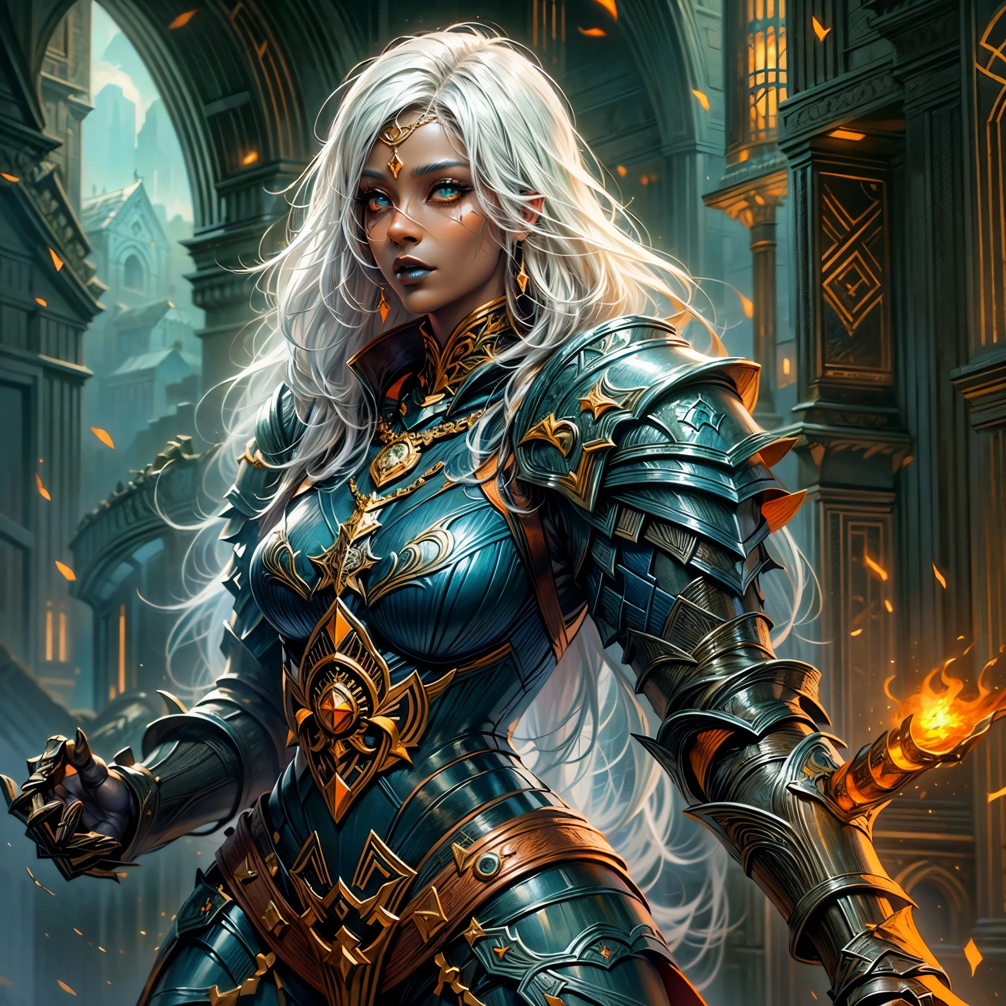fantasy art, dnd art, RPG art, wide shot, (masterpiece: 1.4) portrait, intense details, highly detailed, photorealistic, best quality, highres, portrait a vedalken female (fantasy art, Masterpiece, best quality: 1.3) ((dark blue skin: 1.5)), intense details facial details, exquisite beauty, (fantasy art, Masterpiece, best quality) cleric, (blue colored skin: 1.5) 1person blue_skin, dark blue skinned female, (white hair: 1.3), long hair, intense green eye, fantasy art, Masterpiece, best quality) armed a fiery sword red fire, wearing heavy (white: 1.3) half plate mail armor CM-Beautiful_armor wearing high heeled laced boots, wearing an(orange :1.3) cloak, wearing glowing holy symbol GlowingRunes_yellow, within fantasy temple background, reflection light, high details, best quality, 16k, [ultra detailed], masterpiece, best quality, (extremely detailed), close up, ultra wide shot, photorealistic, RAW, fantasy art, dnd art, fantasy art, realistic art,