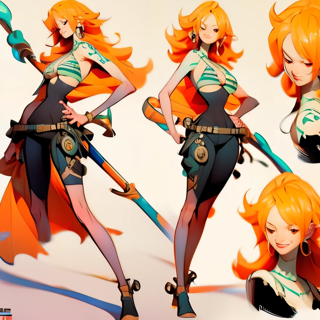 A female, full body, spread legs, nami of one piece, character sheet, nude, orange hair, large , big breast, pale skin, orange eyes, fight pose, dinamic angle.