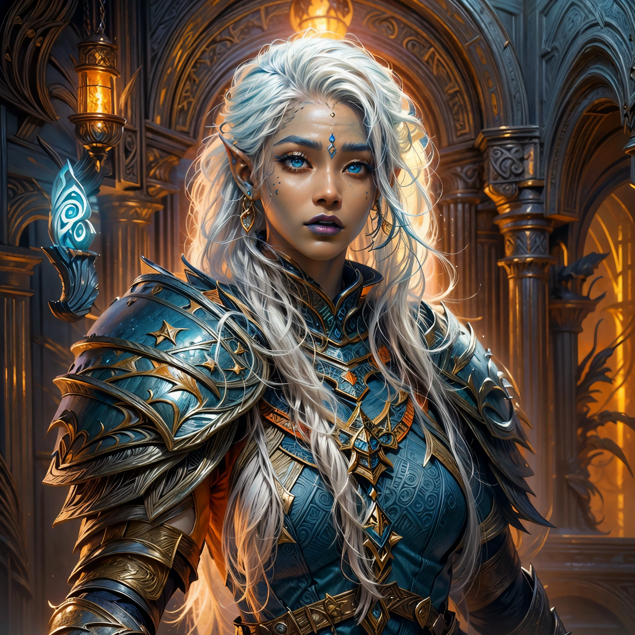 fantasy art, dnd art, RPG art, wide shot, (masterpiece: 1.4) portrait, intense details, highly detailed, photorealistic, best quality, highres, portrait a vedalken female (fantasy art, Masterpiece, best quality: 1.3) ((deep blue skin: 1.5)), intense details facial details, exquisite beauty, (fantasy art, Masterpiece, best quality) cleric, (blue colored skin: 1.5) 1person blue_skin, blue skinned female, (white hair: 1.3), long hair, intense green eye, fantasy art, Masterpiece, best quality) armed a fiery sword red fire, wearing heavy (white: 1.3) half plate mail armor CM-Beautiful_armor wearing high heeled laced boots, wearing an(orange :1.3) cloak, wearing glowing holy symbol GlowingRunes_yellow, within fantasy temple background, reflection light, high details, best quality, 16k, [ultra detailed], masterpiece, best quality, (extremely detailed), close up, ultra wide shot, photorealistic, RAW, fantasy art, dnd art, fantasy art, realistic art,