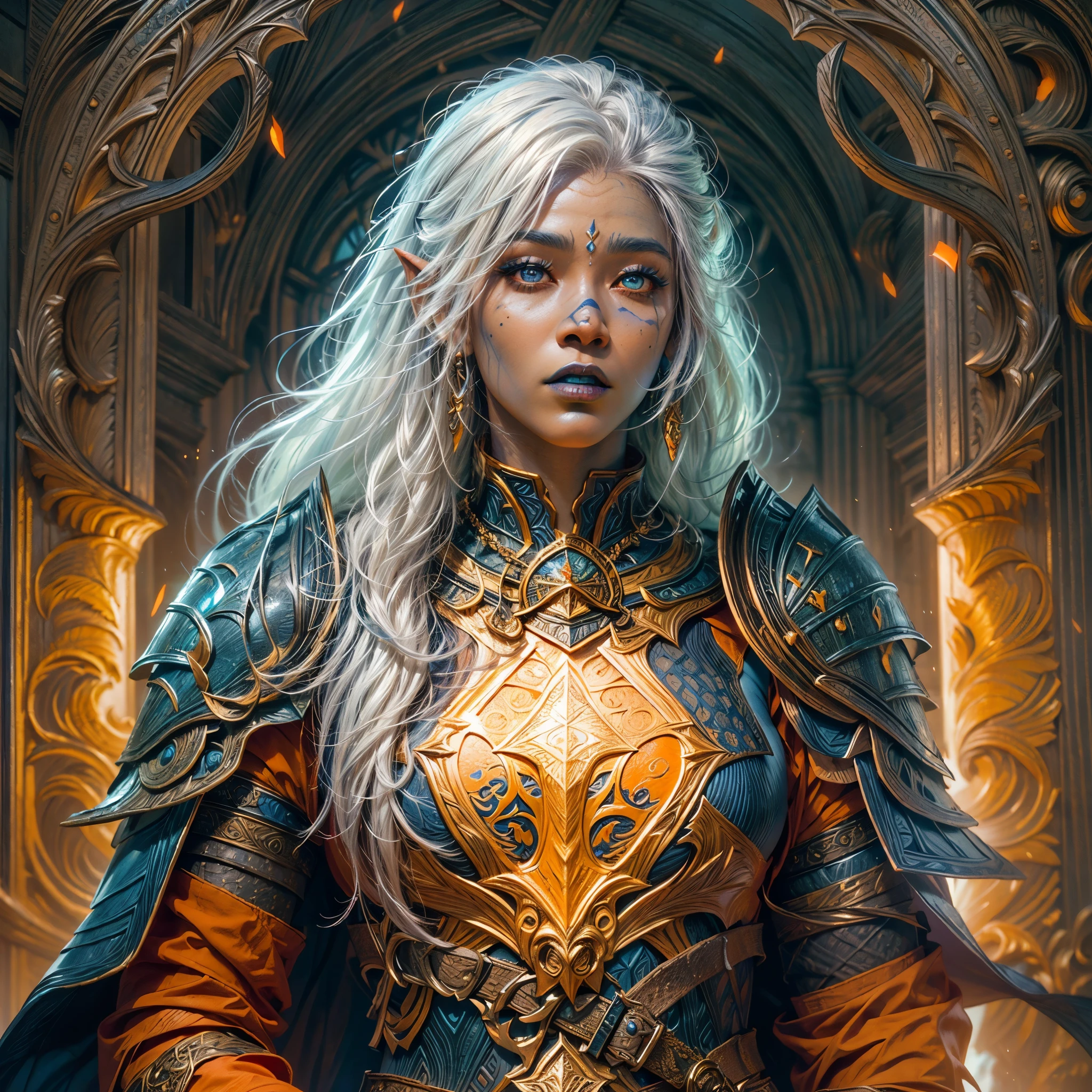 fantasy art, dnd art, RPG art, wide shot, (masterpiece: 1.4) portrait, intense details, highly detailed, photorealistic, best quality, highres, portrait a vedalken female (fantasy art, Masterpiece, best quality: 1.3) ((deep blue skin: 1.5)), intense details facial details, exquisite beauty, (fantasy art, Masterpiece, best quality) cleric, (blue colored skin: 1.5) 1person blue_skin, blue skinned female, (white hair: 1.3), long hair, intense green eye, fantasy art, Masterpiece, best quality) armed a fiery sword red fire, wearing heavy (white: 1.3) half plate mail armor CM-Beautiful_armor wearing high heeled laced boots, wearing an(orange :1.3) cloak, wearing glowing holy symbol GlowingRunes_yellow, within fantasy temple background, reflection light, high details, best quality, 16k, [ultra detailed], masterpiece, best quality, (extremely detailed), close up, ultra wide shot, photorealistic, RAW, fantasy art, dnd art, fantasy art, realistic art,