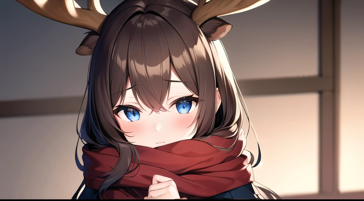 a brown haired one,The head has the antlers of a young deer,girl in red scarf,Have blue clear eyes,Petite