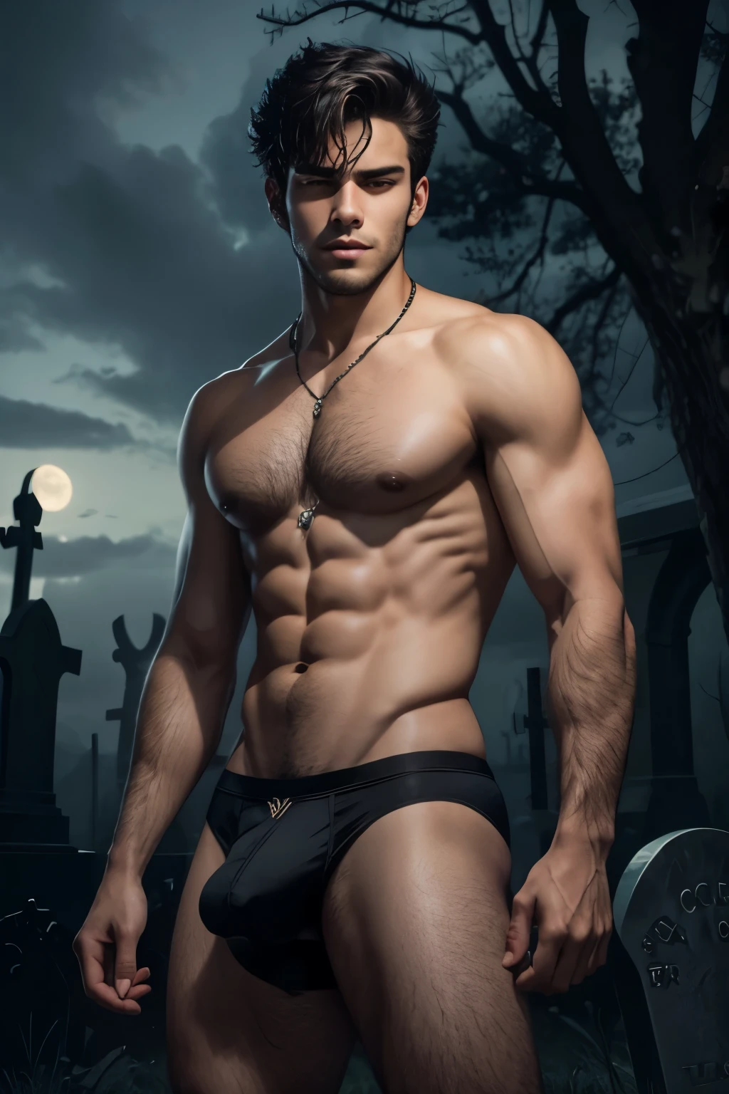 handsome teenage werewolf, very short hair, jockstrap, gothic graveyard