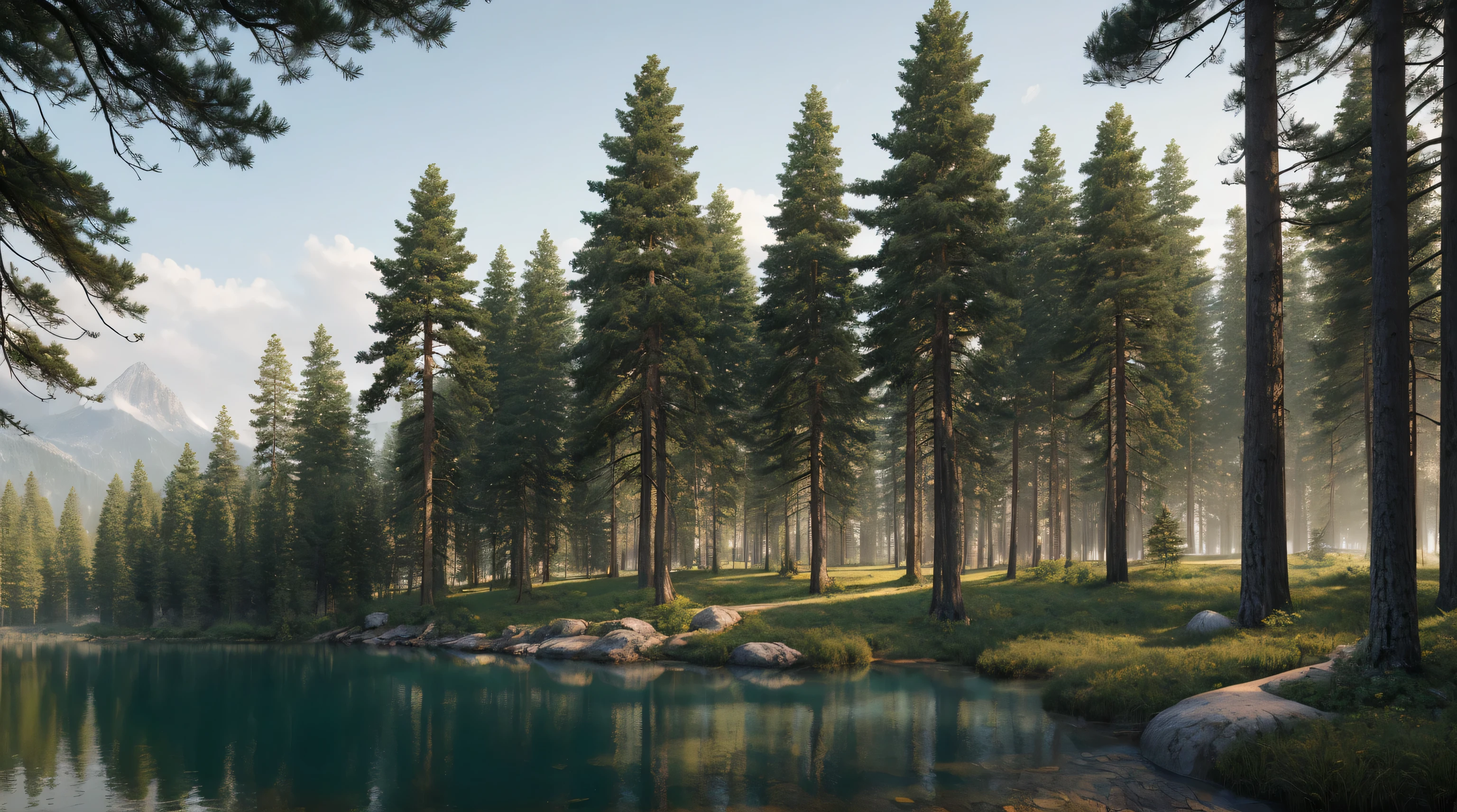 Imagen de un bosque de pinos con un lago al fondo., Vintage oil paintings style., High resolution (4k, 8k), High resolution textures, realistic lighting, Sombras suaves, Reflejos precisos, Materiales realistas, Profundidad de campo, Antialiasing ( borde alisado), Detalles finos y precisos Colores y tonos precisos., Renderizado de alta calidad, Using advanced rendering techniques (como el trazado de rayos o el trazado de ruta) Si es posible,
Tiempo de renderizado optimizado para evitar ruido o artefactos.. Balanced and attractive composition, EpicArt, Sam el, ALTO NIVEL DE DETALLE, Obra maestra