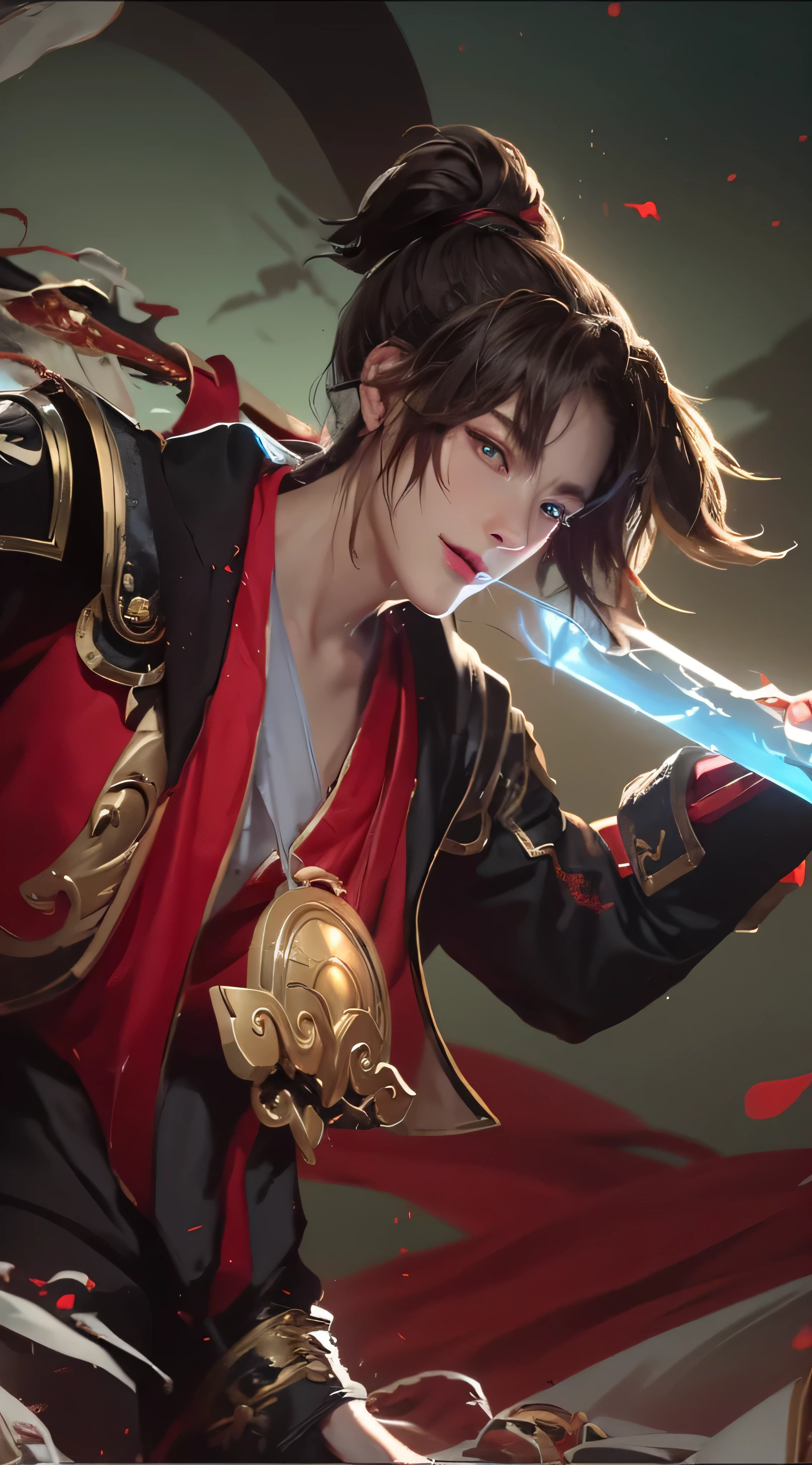 ((tmasterpiece)), ((Best Quality), 8 k'', high detailing, Ultra Ultra Detail, Rich details，a close up of a person holding a sword in a field, Handsome Man in Demon Killer Art, heise jinyao, keqing from genshin impact, zhongli from genshin impact, by Yang J, Zhao Yun, inspired by Huang Shen, shirow masamune, very detailed Artgerm, inspired by Yang Jin, inspired by Shen Zhou，Big Moon